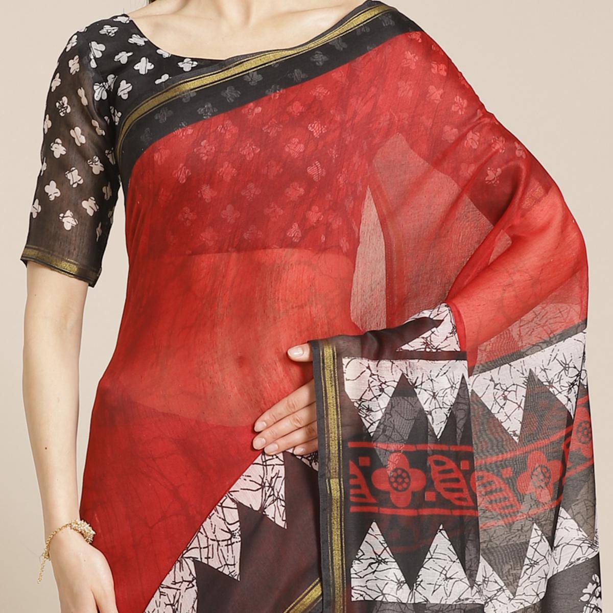 Mesmeric Red - Black Colored Casual Wear Printed Silk Blend Saree