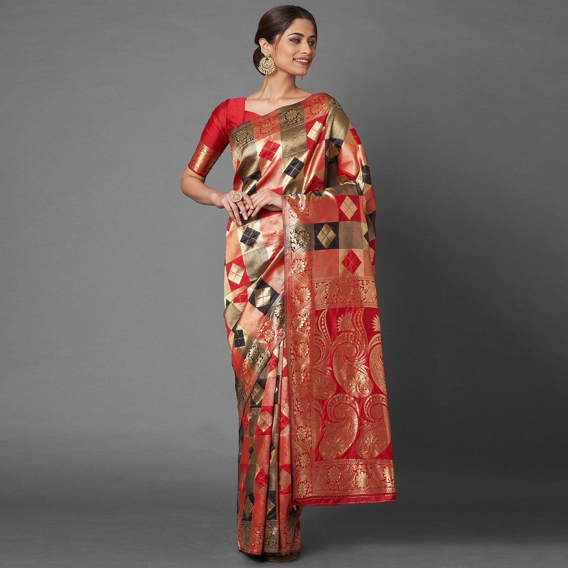 Mesmeric Red - Black Colored Festive Wear Woven Silk Blend Saree