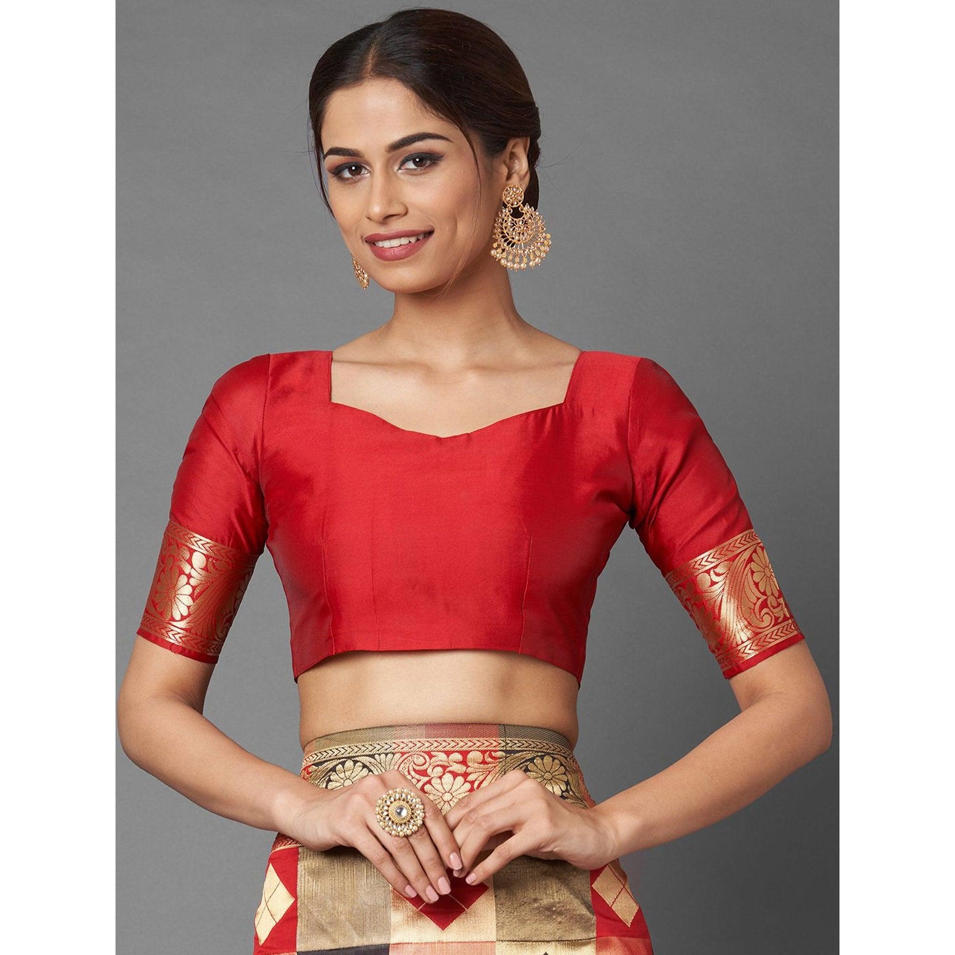 Mesmeric Red - Black Colored Festive Wear Woven Silk Blend Saree