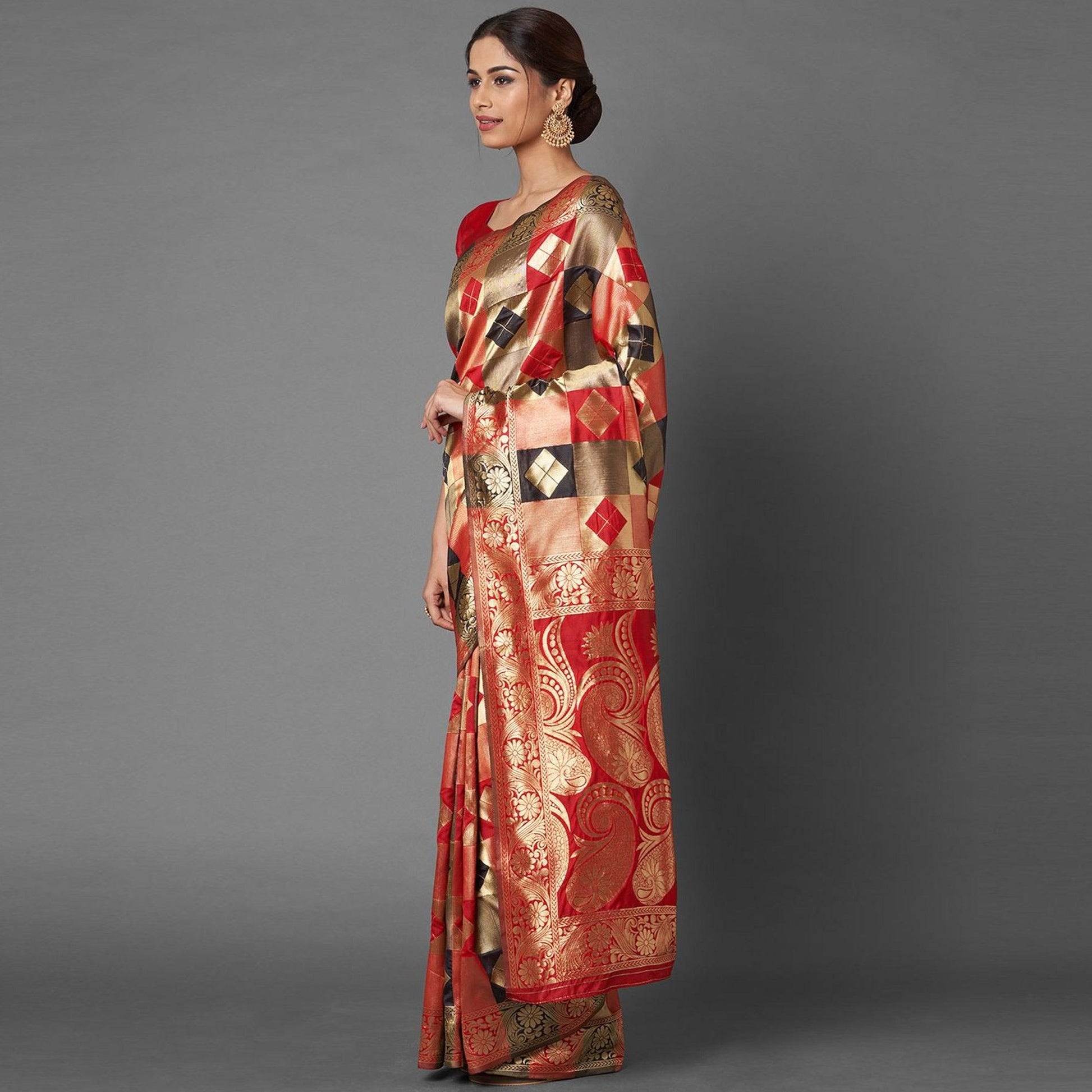 Mesmeric Red - Black Colored Festive Wear Woven Silk Blend Saree