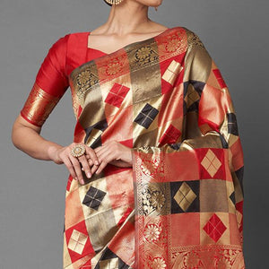 Mesmeric Red - Black Colored Festive Wear Woven Silk Blend Saree