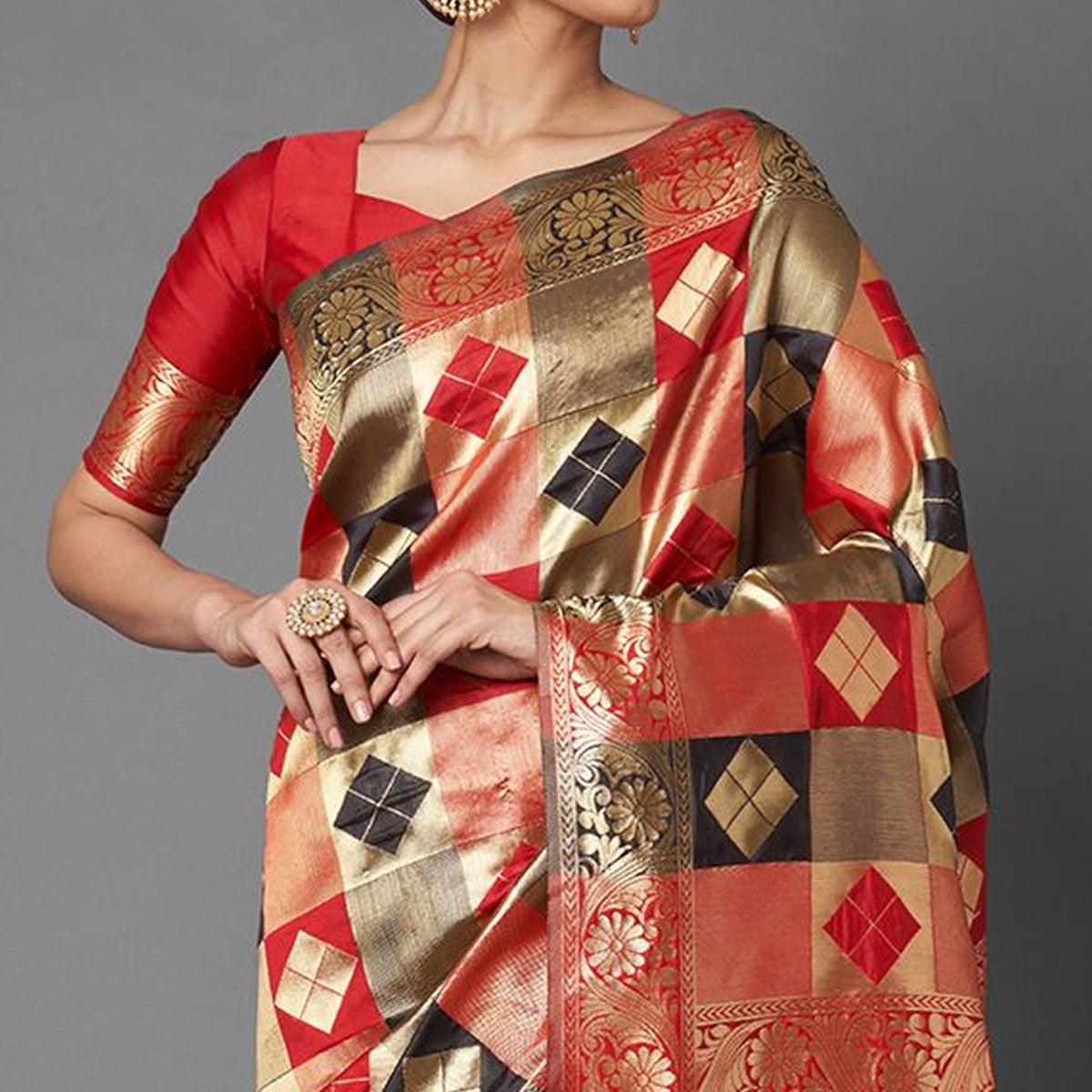 Mesmeric Red - Black Colored Festive Wear Woven Silk Blend Saree