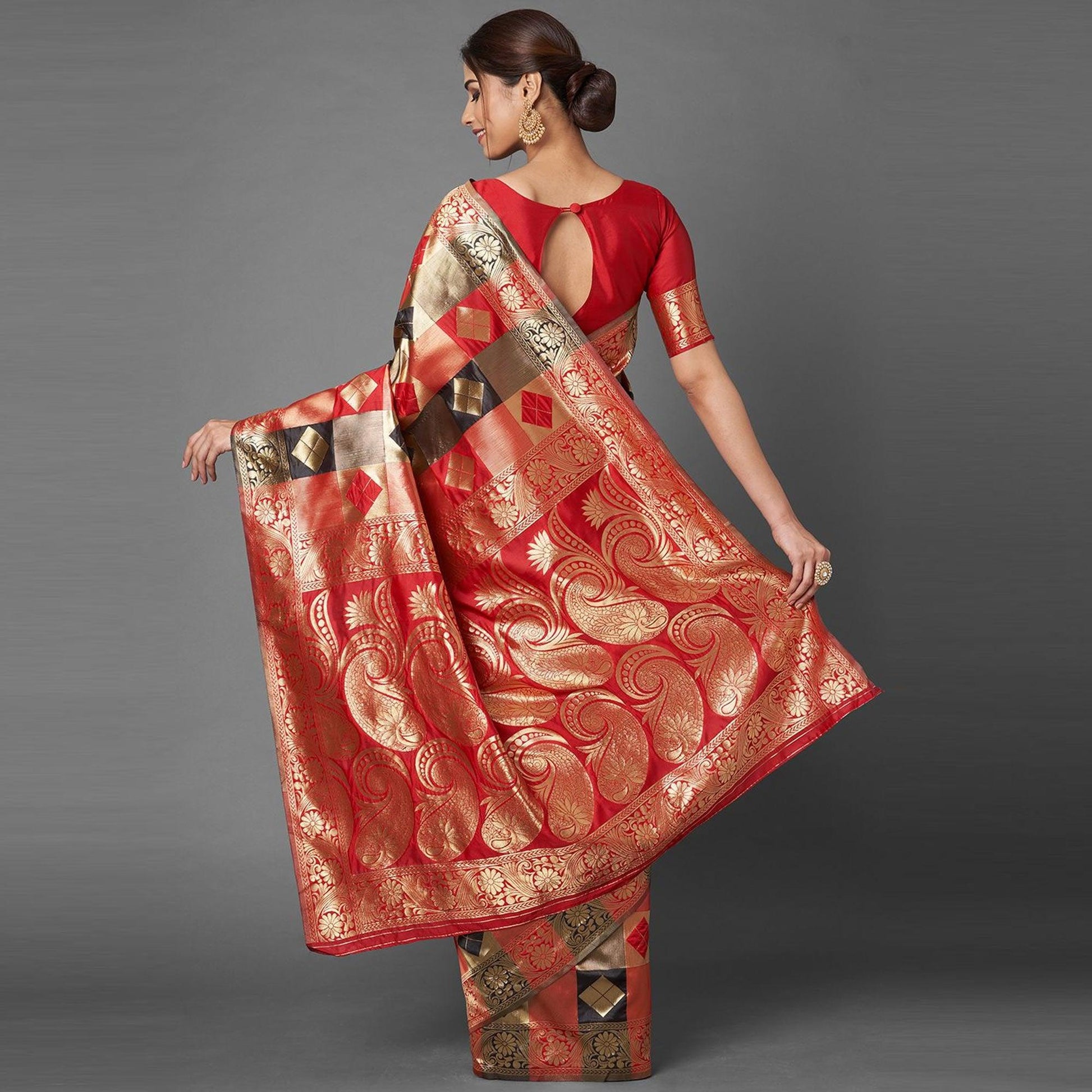 Mesmeric Red - Black Colored Festive Wear Woven Silk Blend Saree