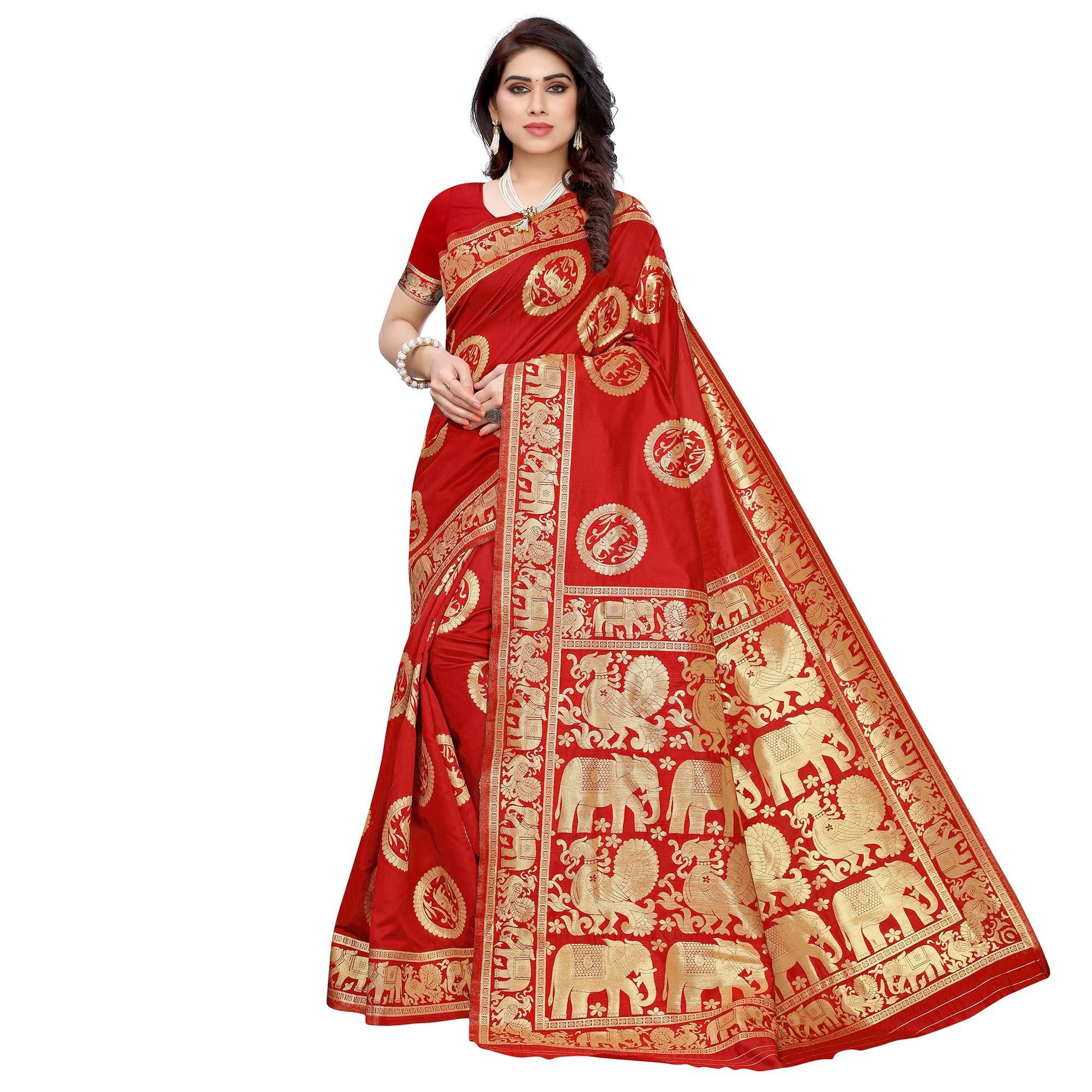 Mesmeric Red Colored Festive Wear Woven Jacquard Saree