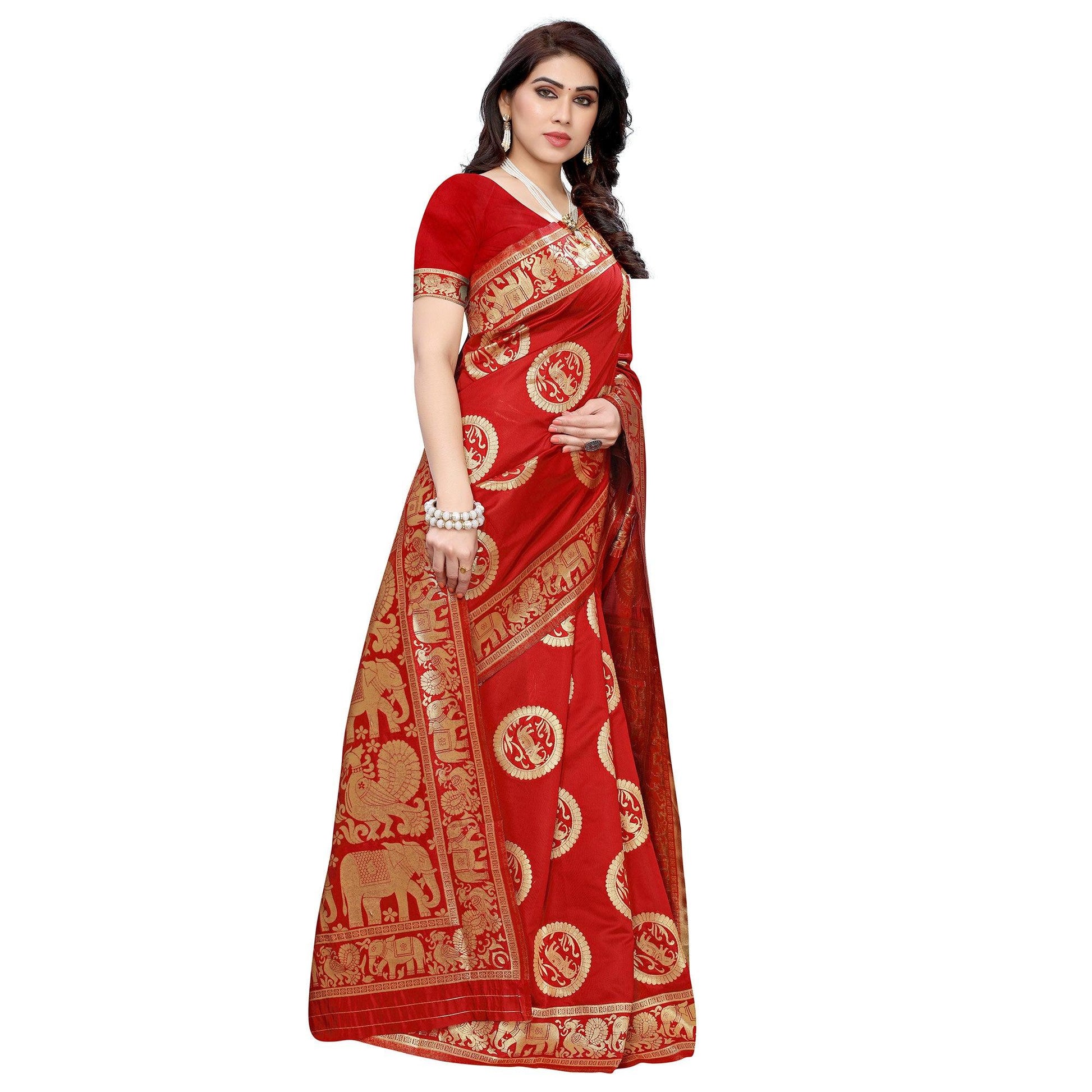 Mesmeric Red Colored Festive Wear Woven Jacquard Saree