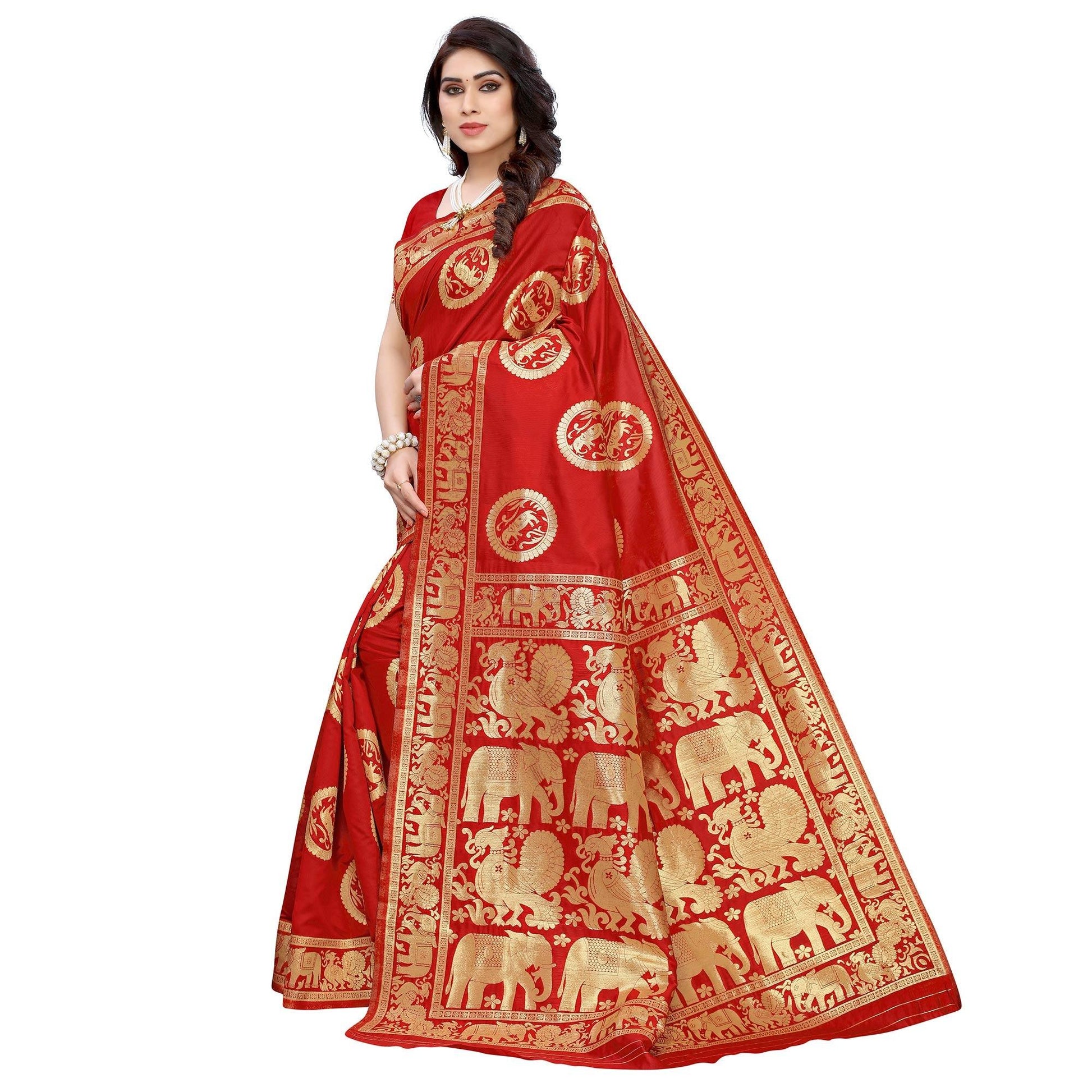 Mesmeric Red Colored Festive Wear Woven Jacquard Saree