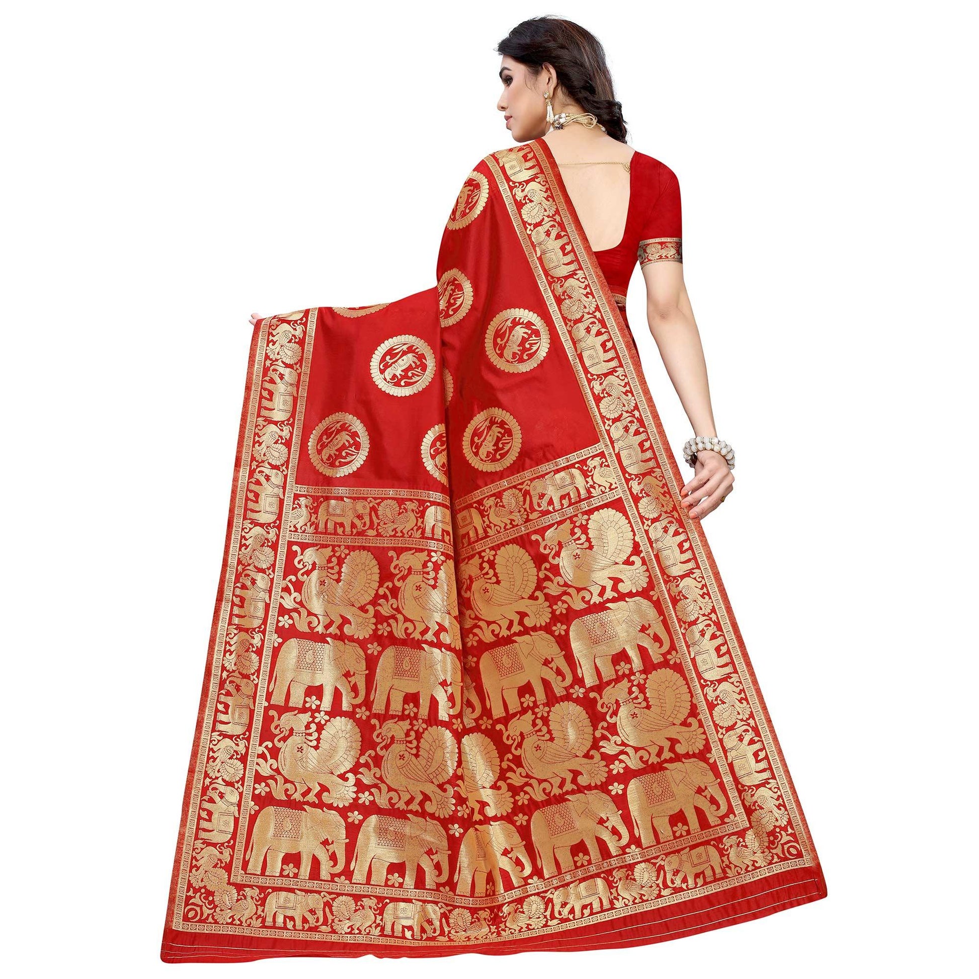 Mesmeric Red Colored Festive Wear Woven Jacquard Saree