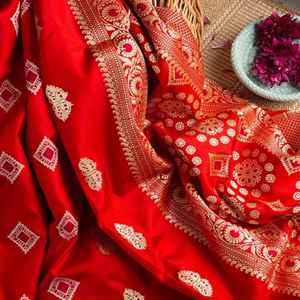 Mesmeric Red Colored Festive Woven Banarasi Silk Saree