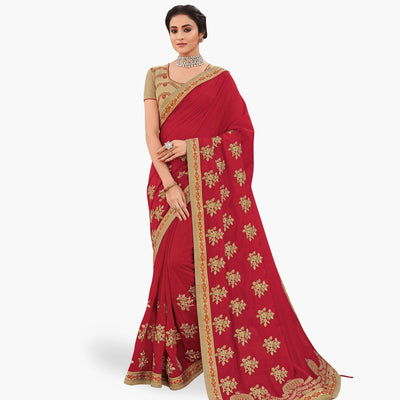 Mesmeric Red Colored Partywear Embroidered Silk Saree
