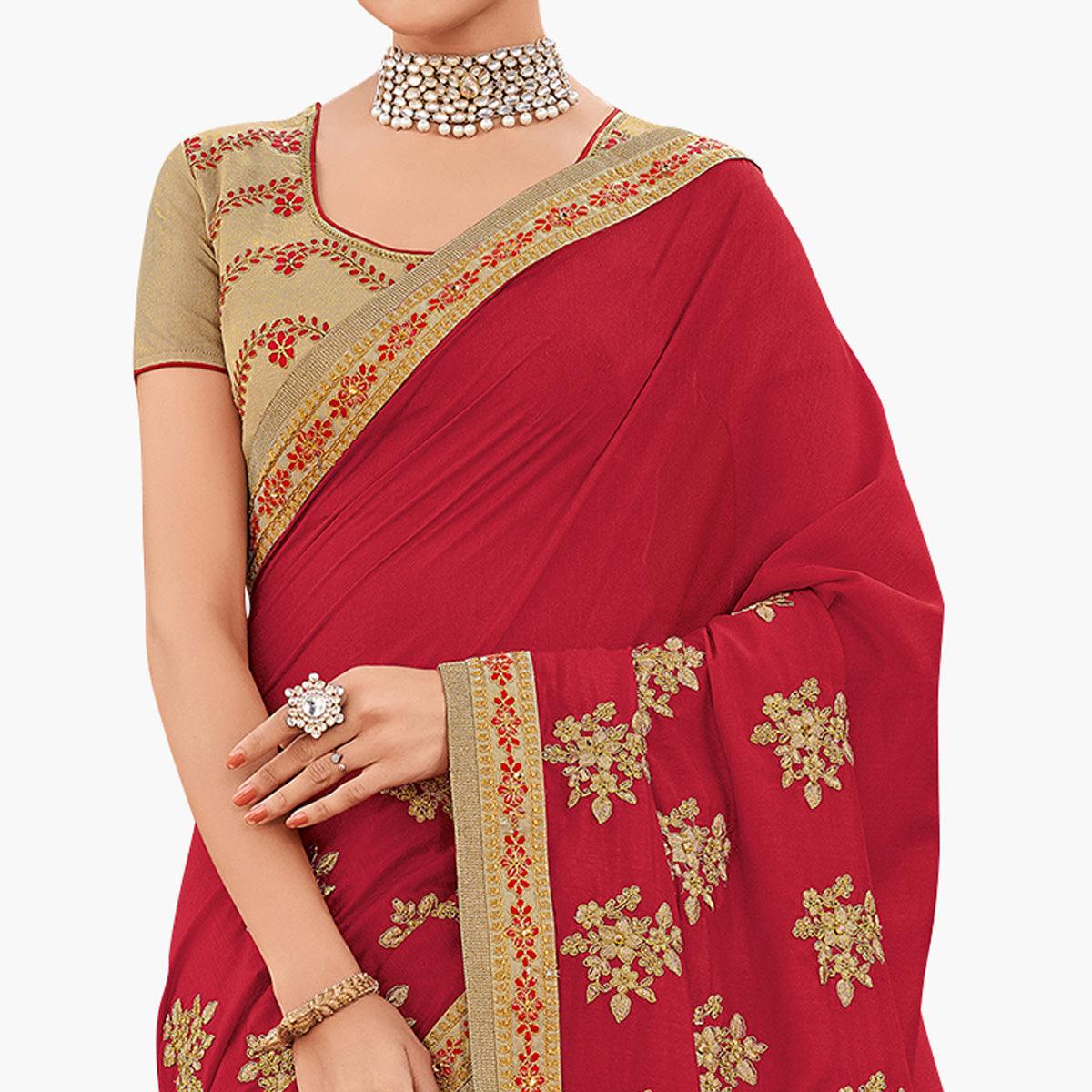 Mesmeric Red Colored Partywear Embroidered Silk Saree