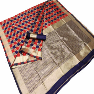Mesmeric Red-Navy Blue Colored Festive Wear Checks Woven Kota Silk Saree