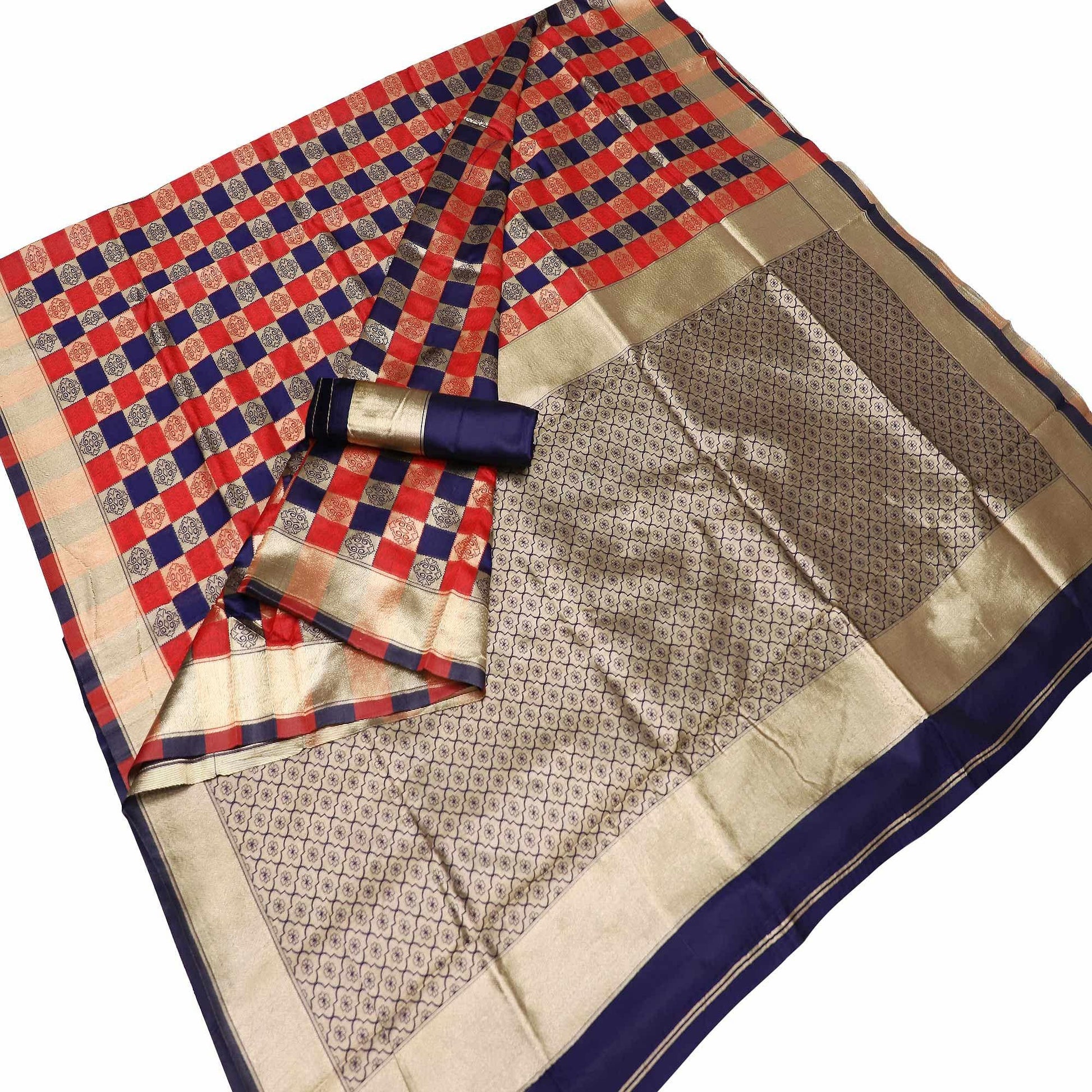 Mesmeric Red-Navy Blue Colored Festive Wear Checks Woven Kota Silk Saree