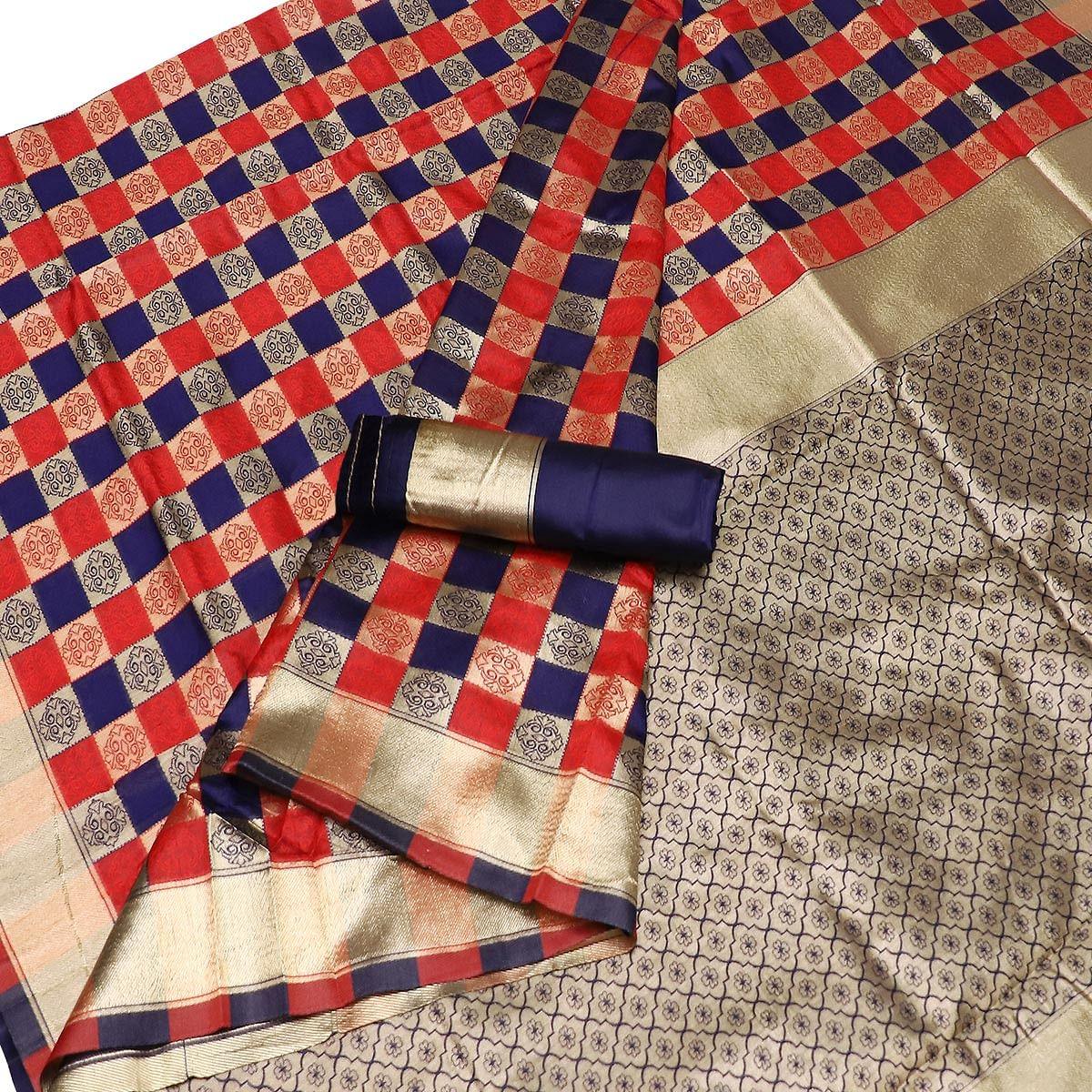 Mesmeric Red-Navy Blue Colored Festive Wear Checks Woven Kota Silk Saree
