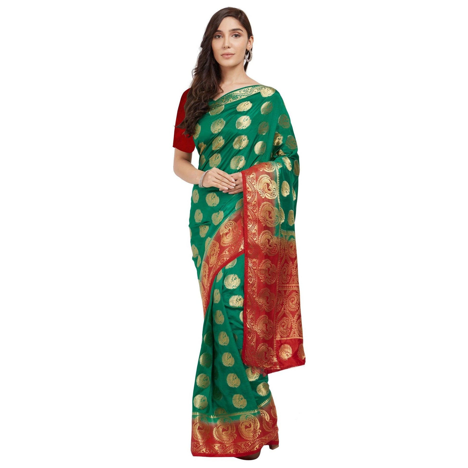 Mesmeric Turquoise Green Colored Festive Wear Woven Cotton Silk Saree