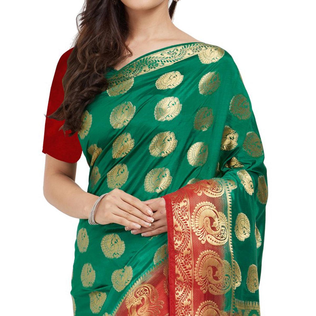 Mesmeric Turquoise Green Colored Festive Wear Woven Cotton Silk Saree