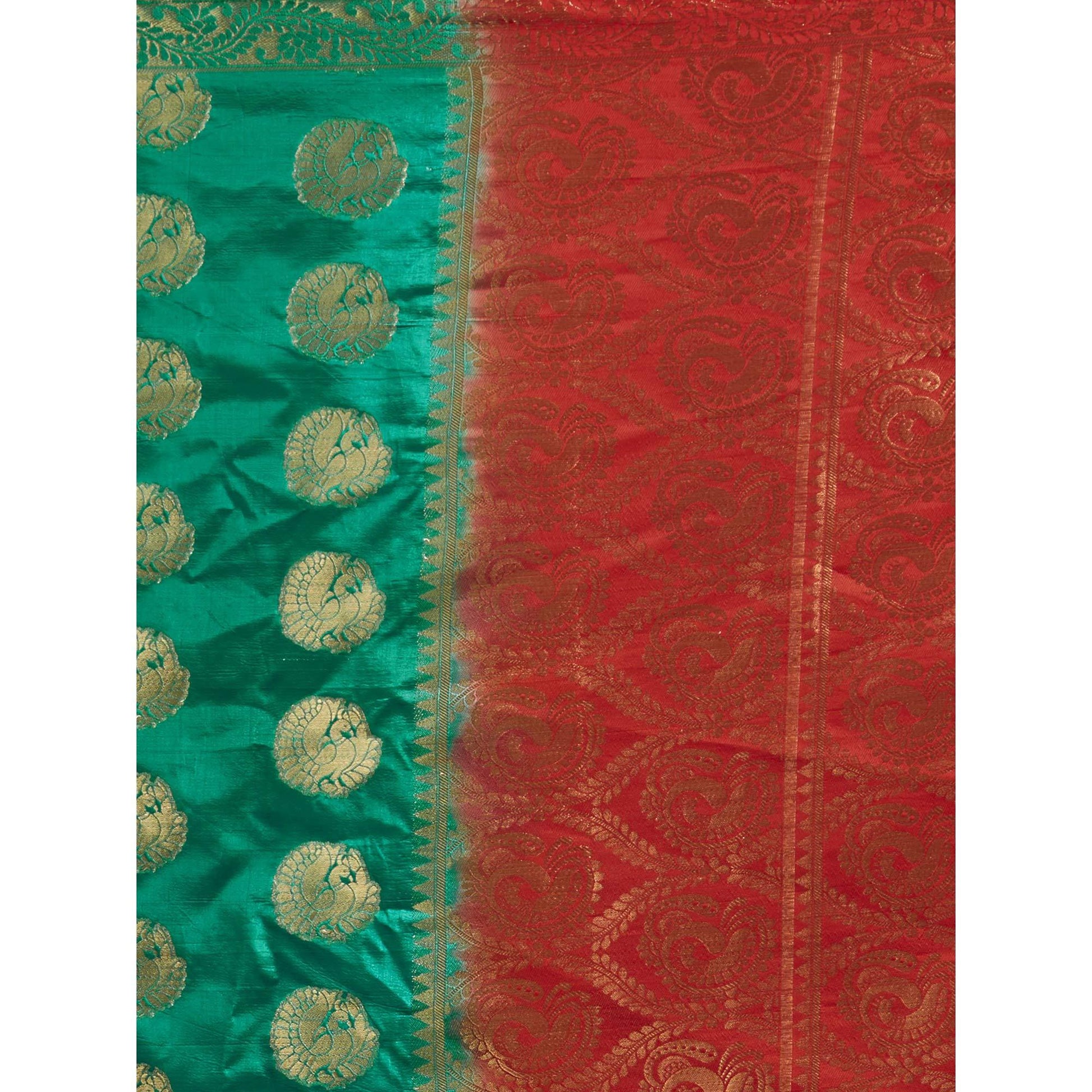 Mesmeric Turquoise Green Colored Festive Wear Woven Cotton Silk Saree