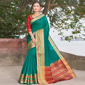 Mesmeric Turquoise Green Colored Festive Wear Woven Handloom Silk Saree