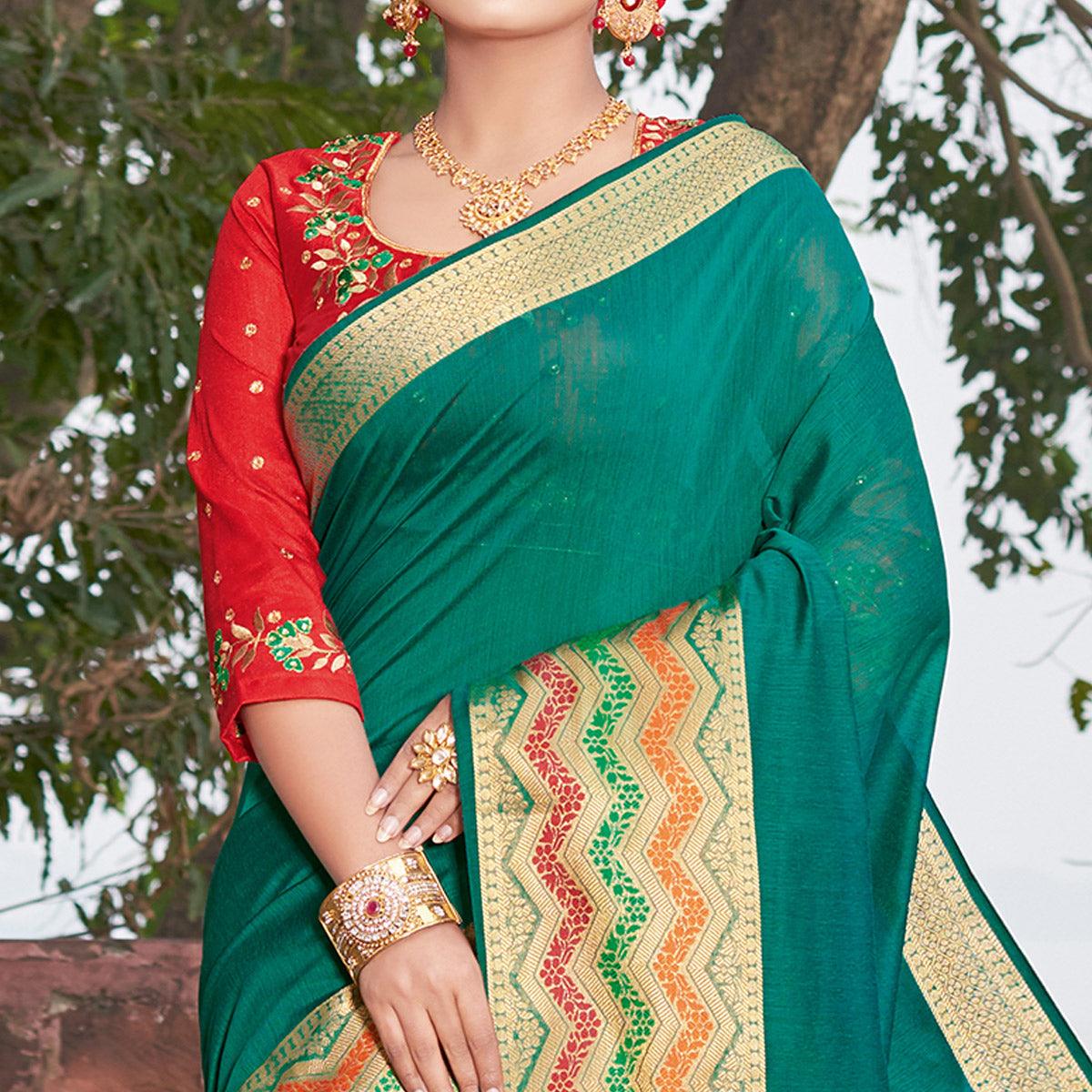 Mesmeric Turquoise Green Colored Festive Wear Woven Handloom Silk Saree