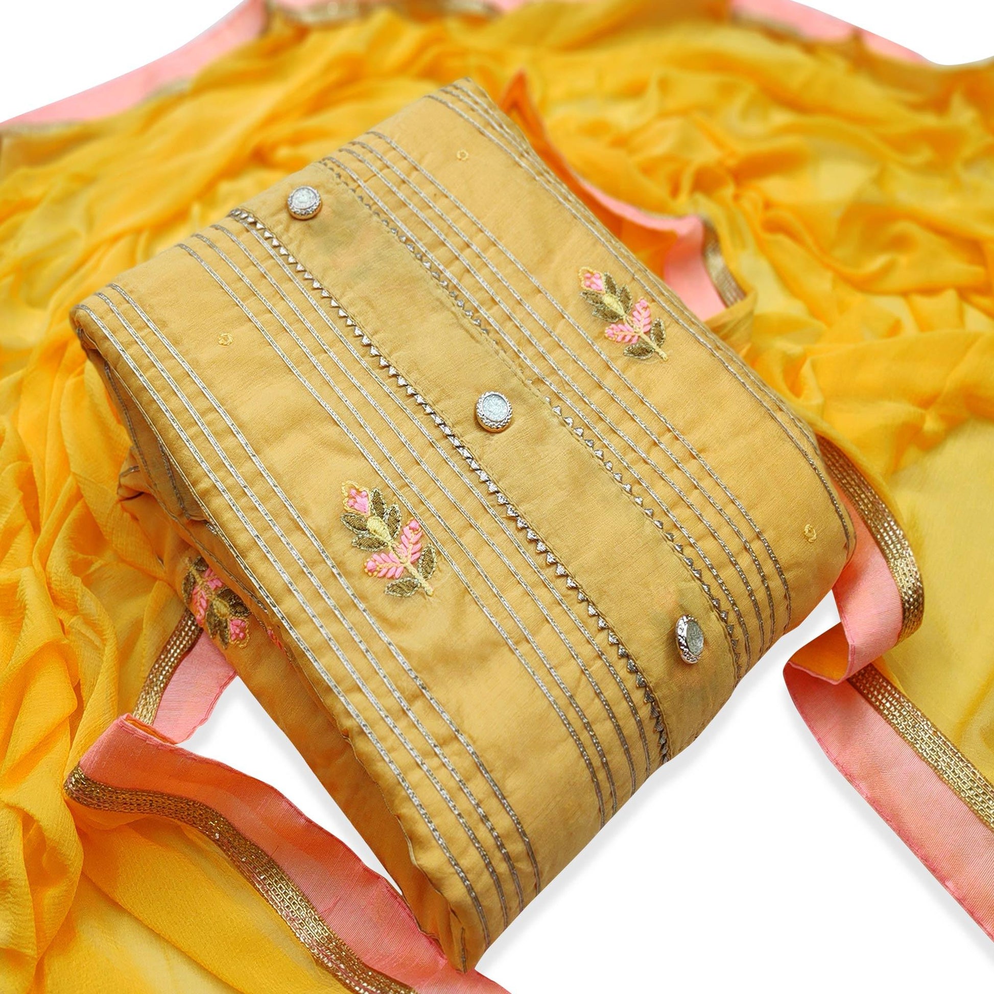 Mesmeric Yellow Colored Casual Wear Embroidered Modal Dress Material