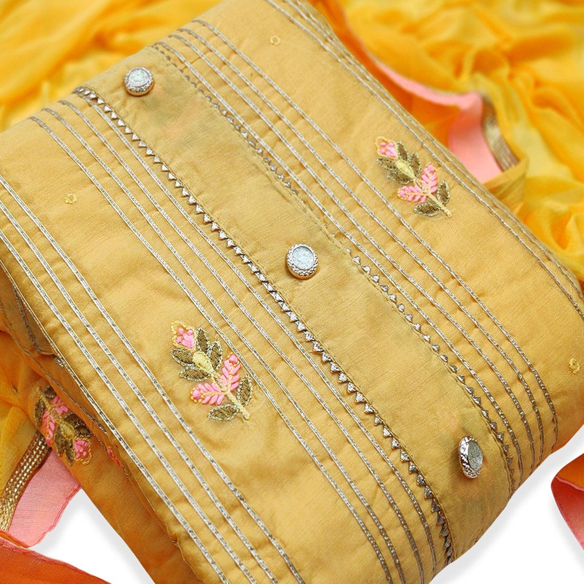 Mesmeric Yellow Colored Casual Wear Embroidered Modal Dress Material