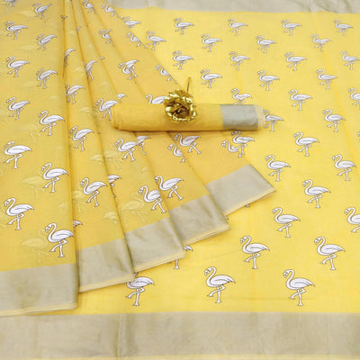 Mesmeric Yellow Colored Casual Wear Printed Cotton Linen Saree