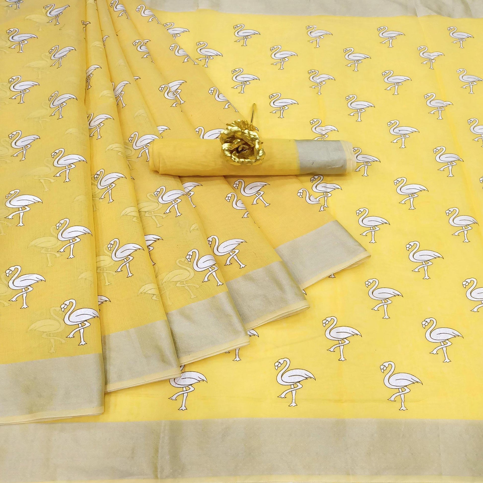 Mesmeric Yellow Colored Casual Wear Printed Cotton Linen Saree
