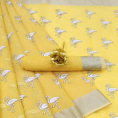 Mesmeric Yellow Colored Casual Wear Printed Cotton Linen Saree