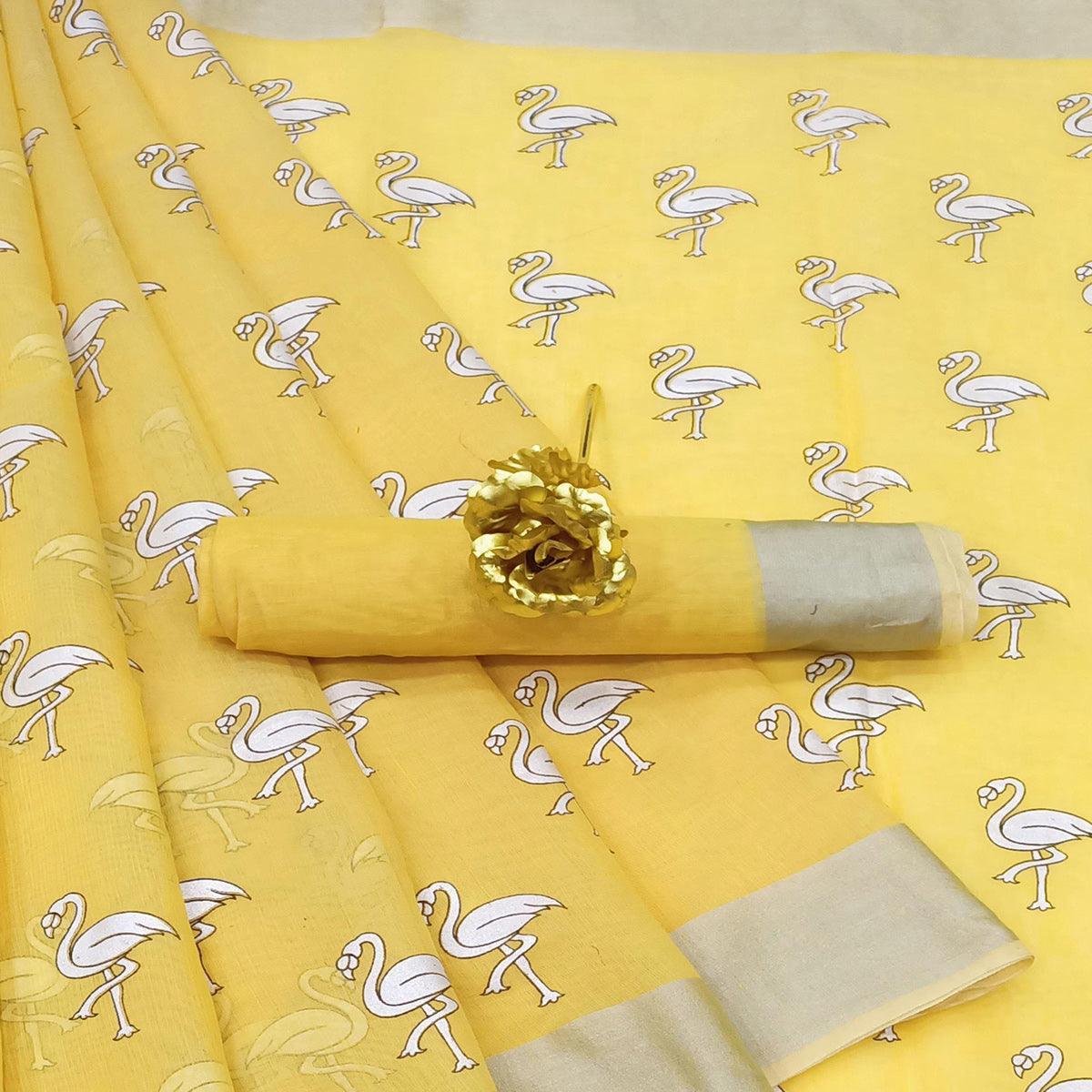 Mesmeric Yellow Colored Casual Wear Printed Cotton Linen Saree