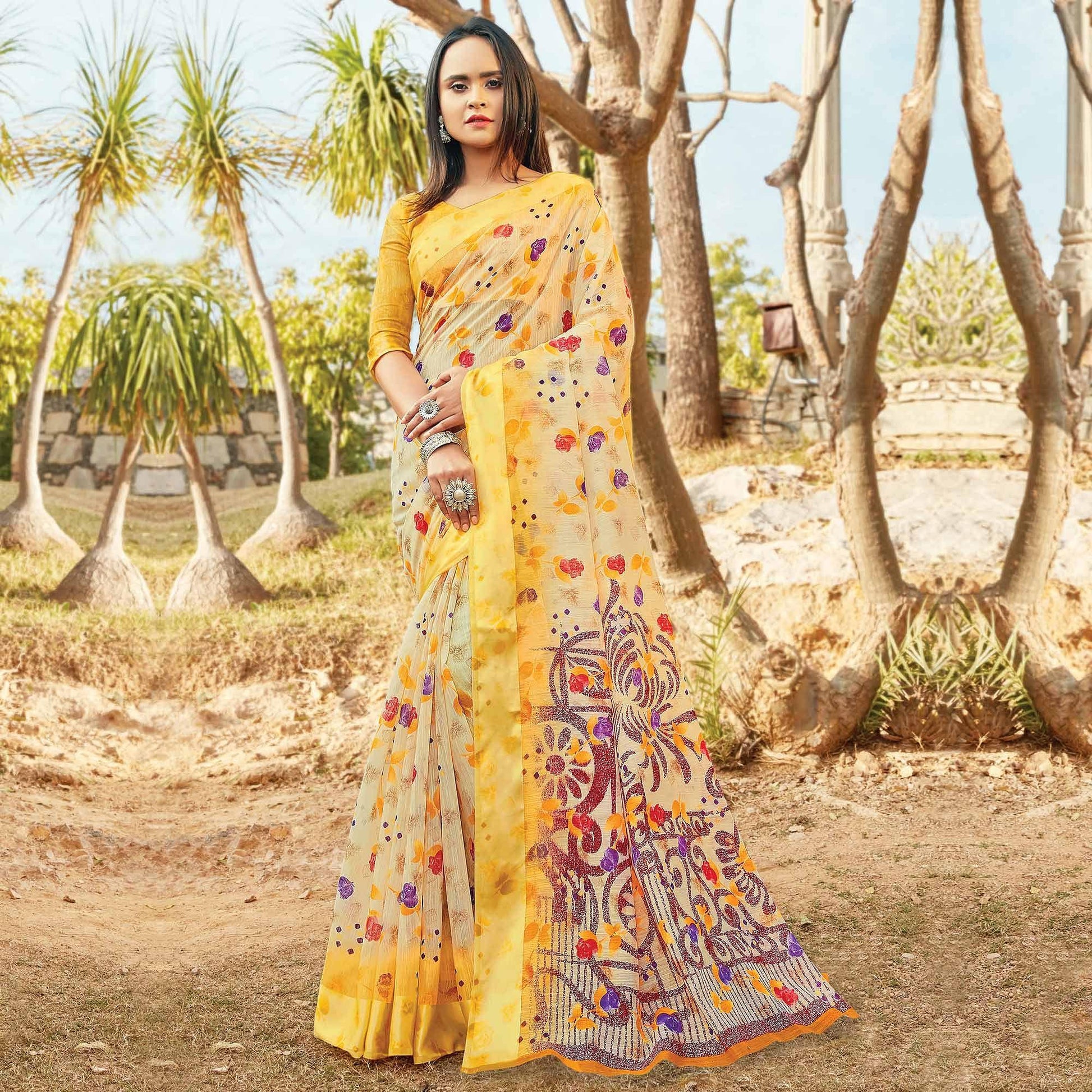 Mesmeric Yellow Colored Casual Wear Printed Cotton Saree
