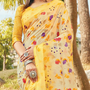 Mesmeric Yellow Colored Casual Wear Printed Cotton Saree