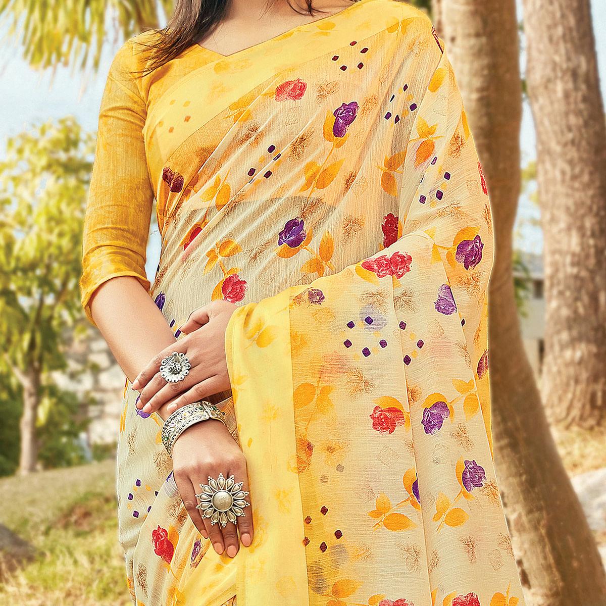 Mesmeric Yellow Colored Casual Wear Printed Cotton Saree