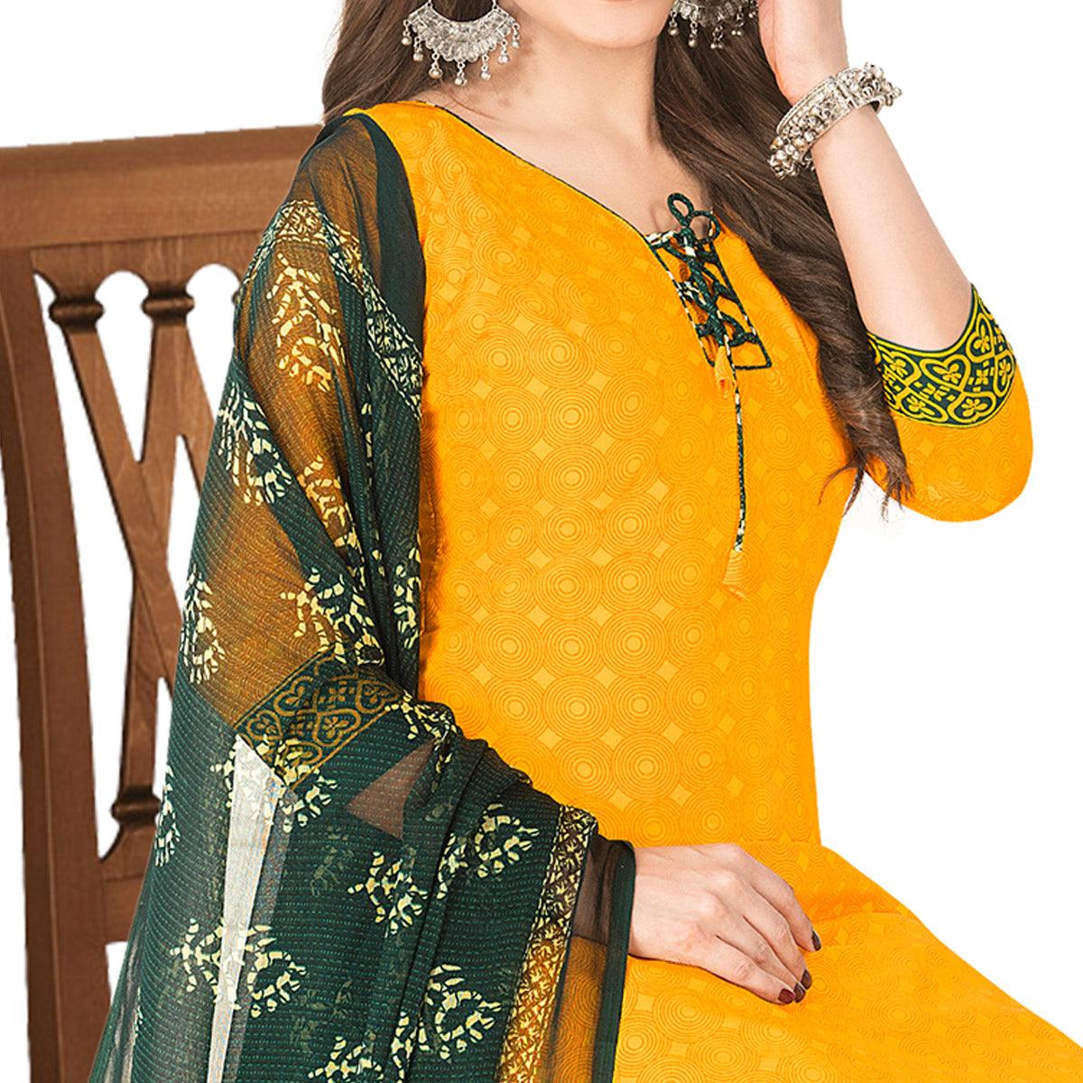 Mesmeric Yellow Colored Casual Wear Printed Crepe Patiala Dress Material