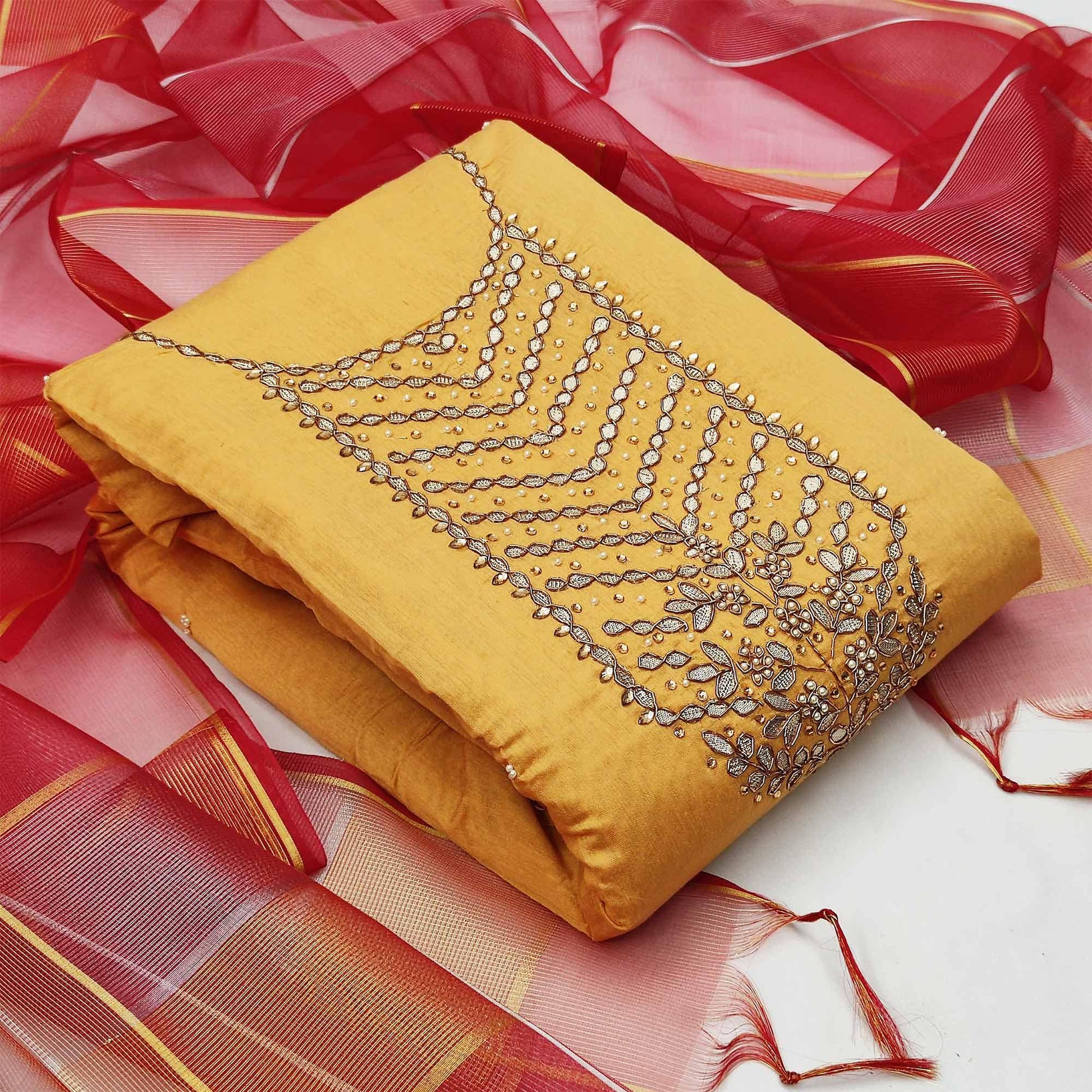 Mesmeric Yellow Colored Festive Wear Handwork Modal Chanderi Dress Material