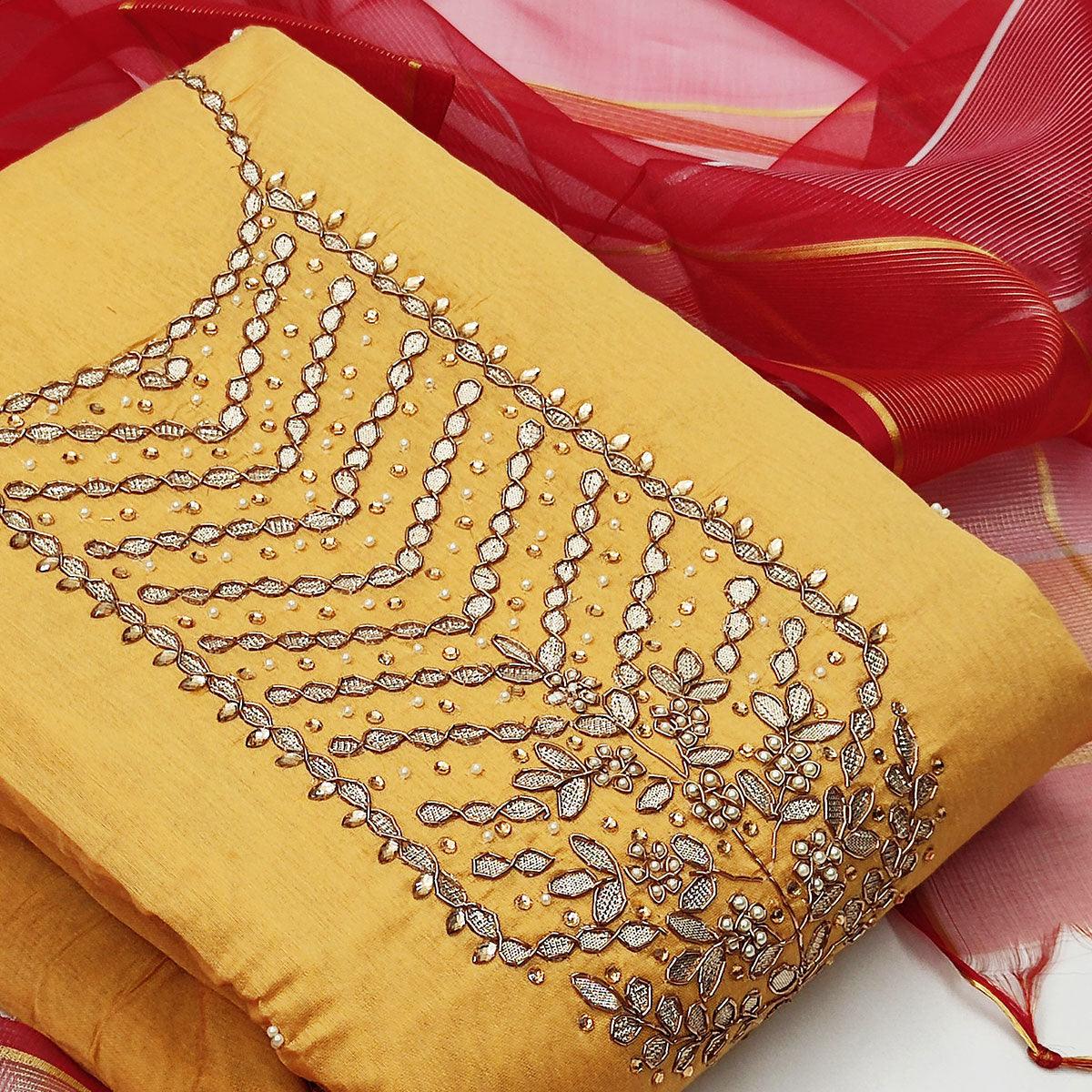 Mesmeric Yellow Colored Festive Wear Handwork Modal Chanderi Dress Material