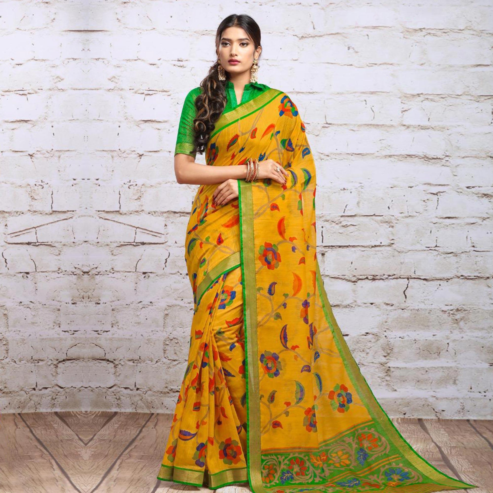Mesmeric Yellow Colored Partywear Floral Printed Cotton Silk Saree