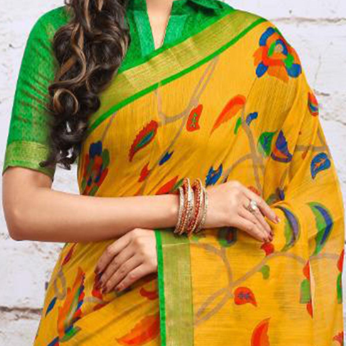 Mesmeric Yellow Colored Partywear Floral Printed Cotton Silk Saree