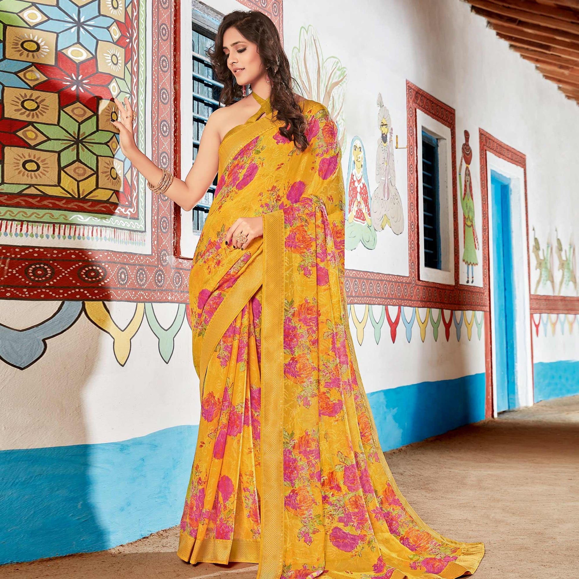 Mesmeric Yellow Coloured Partywear Printed Brasso Saree