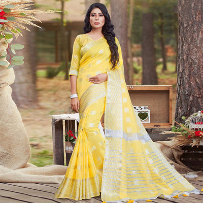 Mesmeric Yellow Coloured Partywear Woven Linen Cotton Saree
