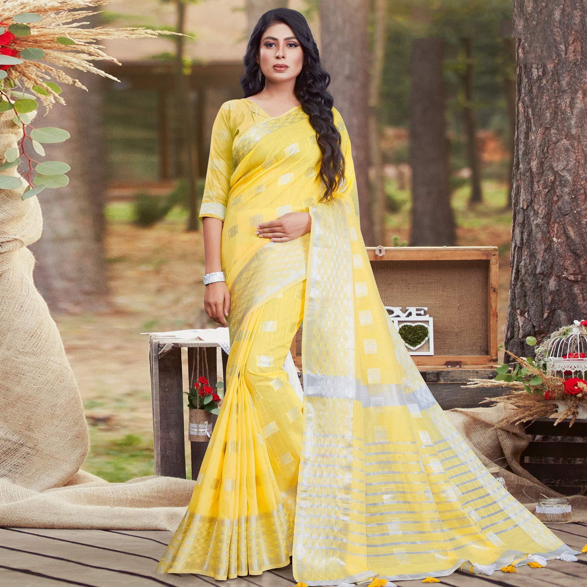 Mesmeric Yellow Coloured Partywear Woven Linen Cotton Saree
