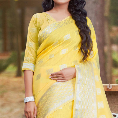 Mesmeric Yellow Coloured Partywear Woven Linen Cotton Saree