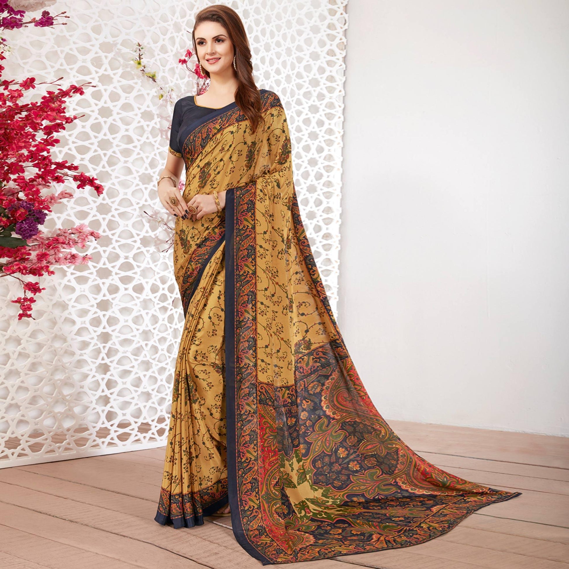 Mesmerising Beige Colored Casual Wear Printed Crepe Saree