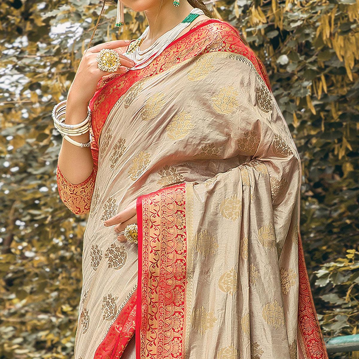 Mesmerising Beige Colored Festive Wear Woven Nylon Silk Saree