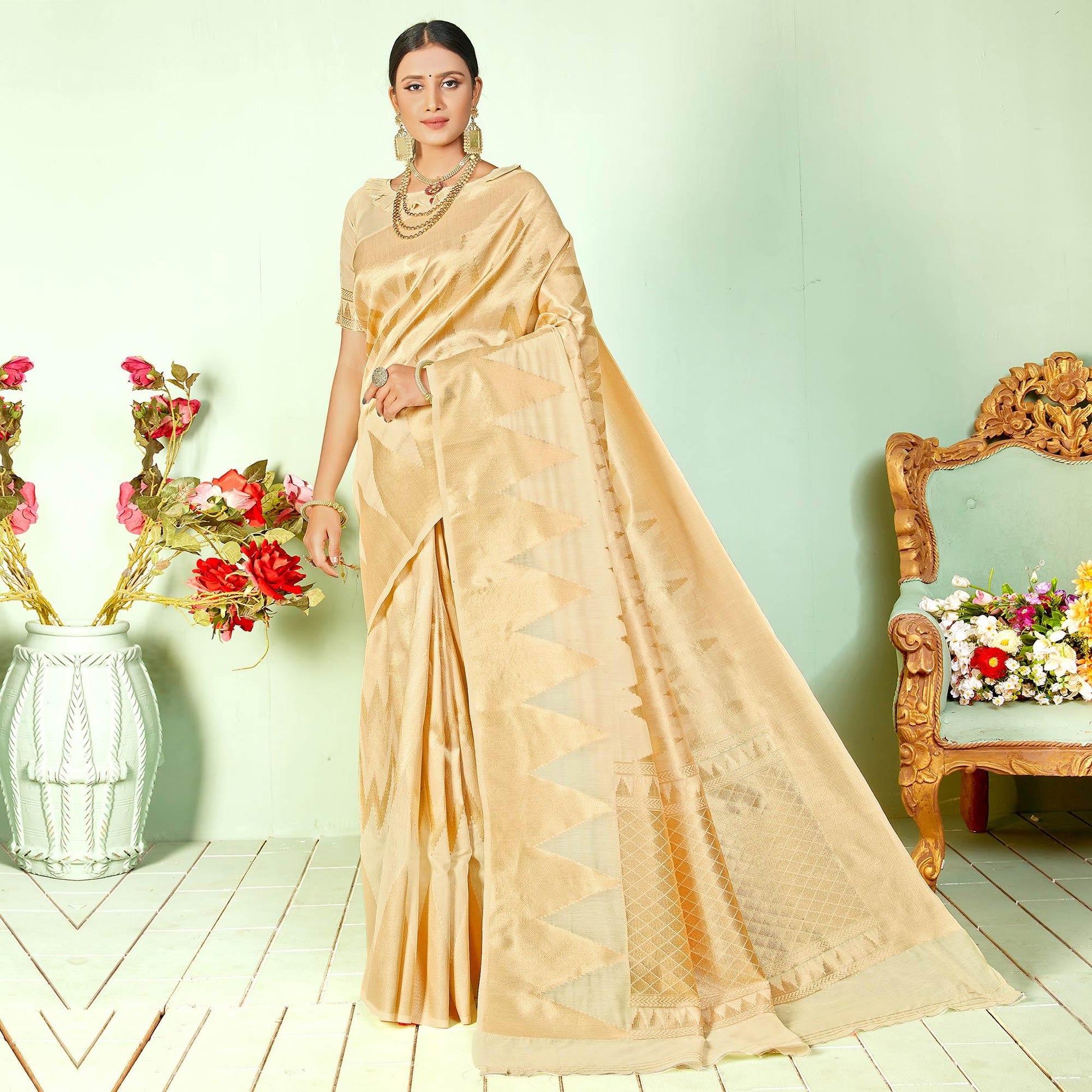 Mesmerising Beige Colored Festive Wear Woven Silk Saree