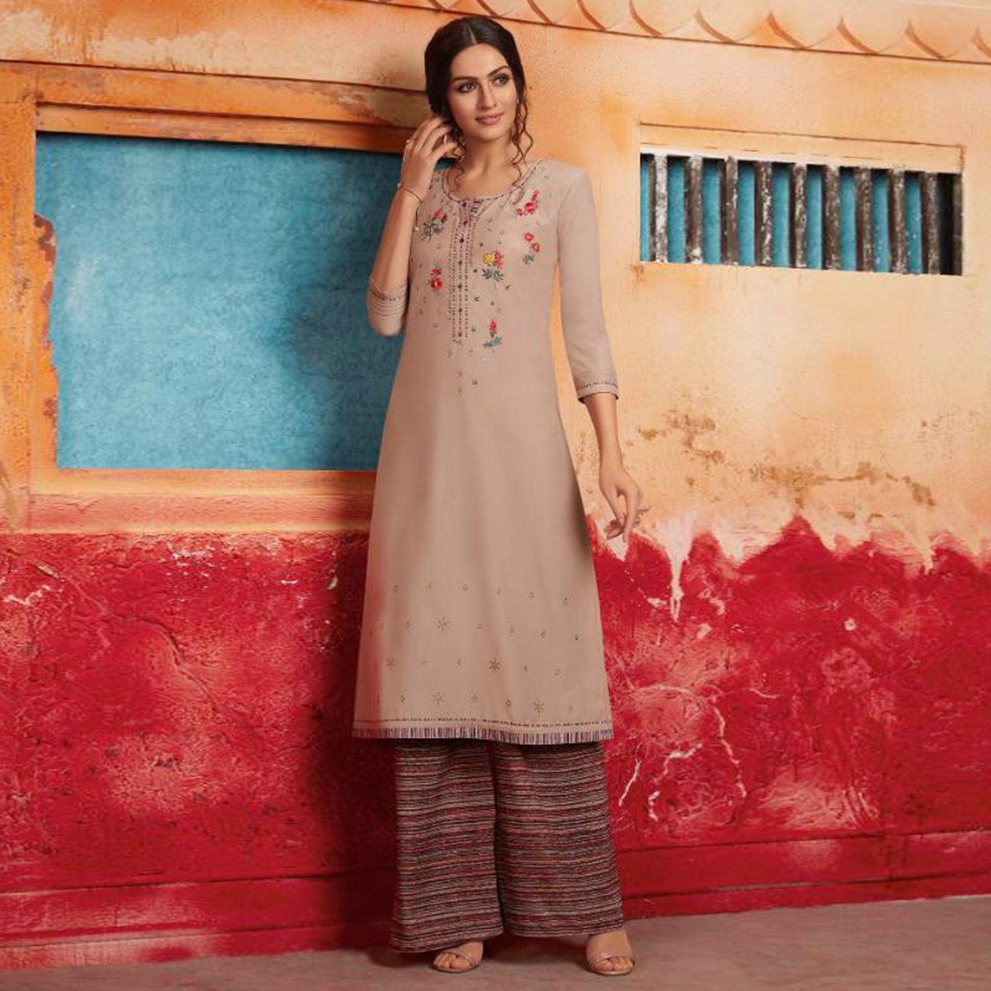 Mesmerising Beige Colored Partywear Embroidered Pure Muslin-Silk Kurti-Palazzo Set