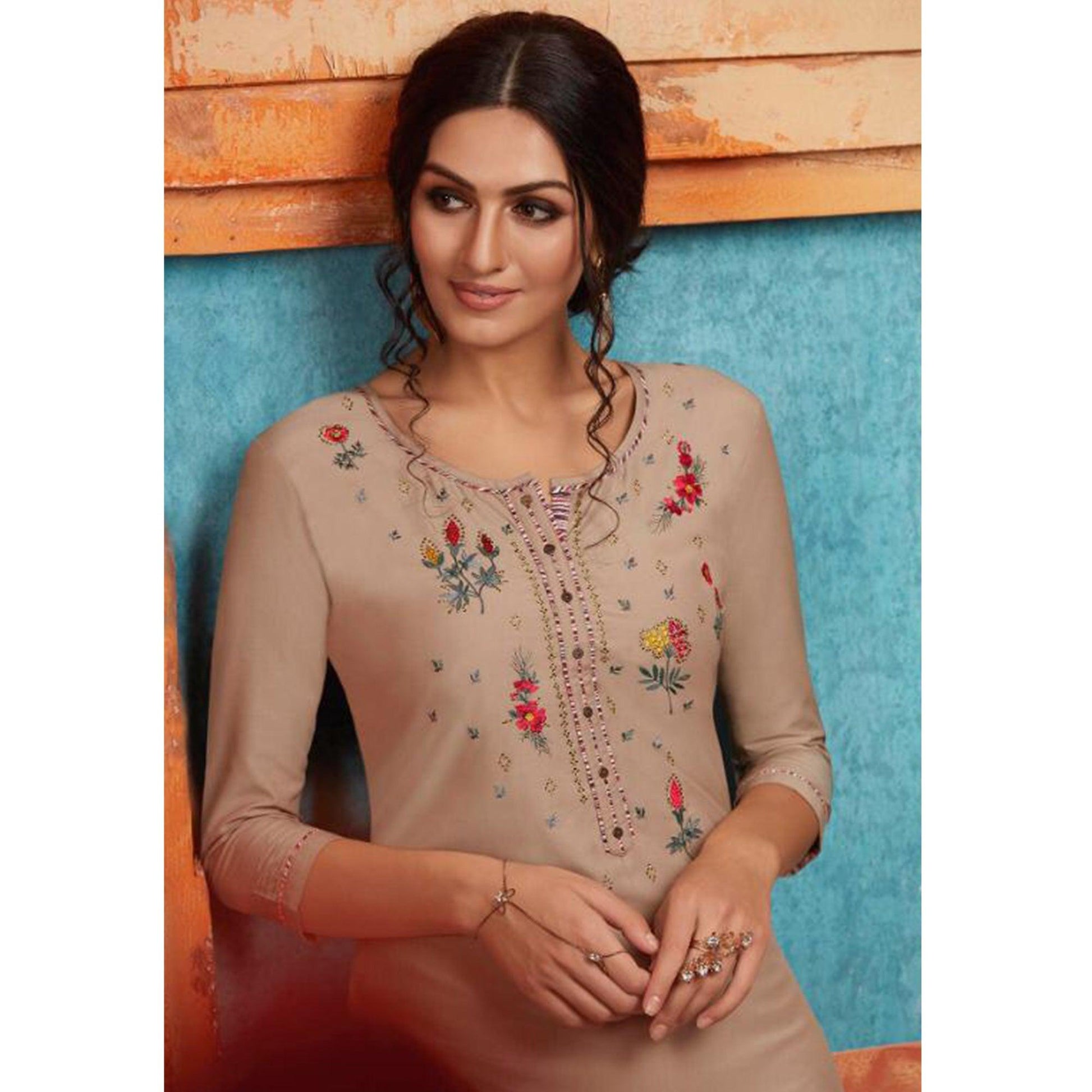 Mesmerising Beige Colored Partywear Embroidered Pure Muslin-Silk Kurti-Palazzo Set