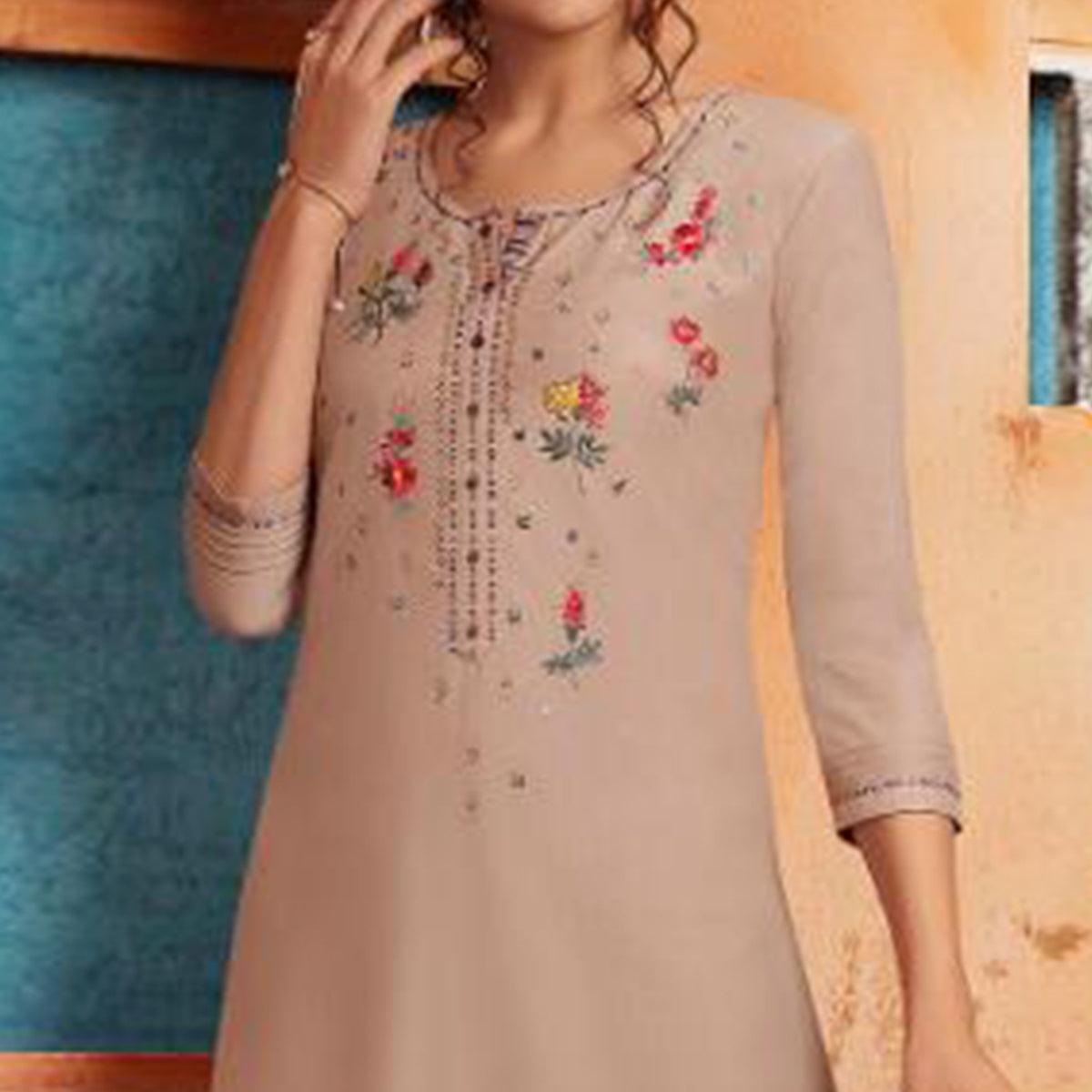 Mesmerising Beige Colored Partywear Embroidered Pure Muslin-Silk Kurti-Palazzo Set