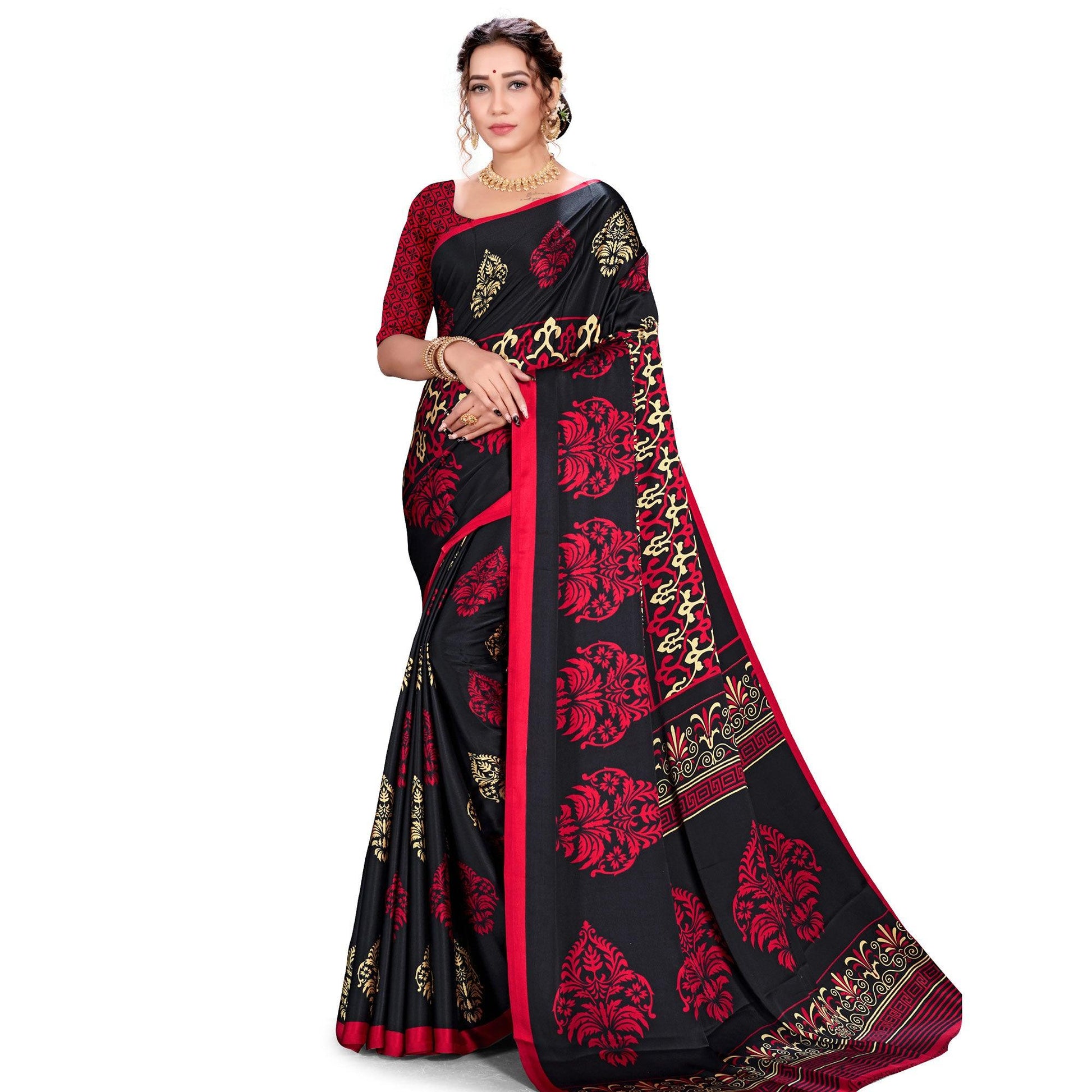 Mesmerising Black Colored Festive Wear Printed Satin Crepe Saree