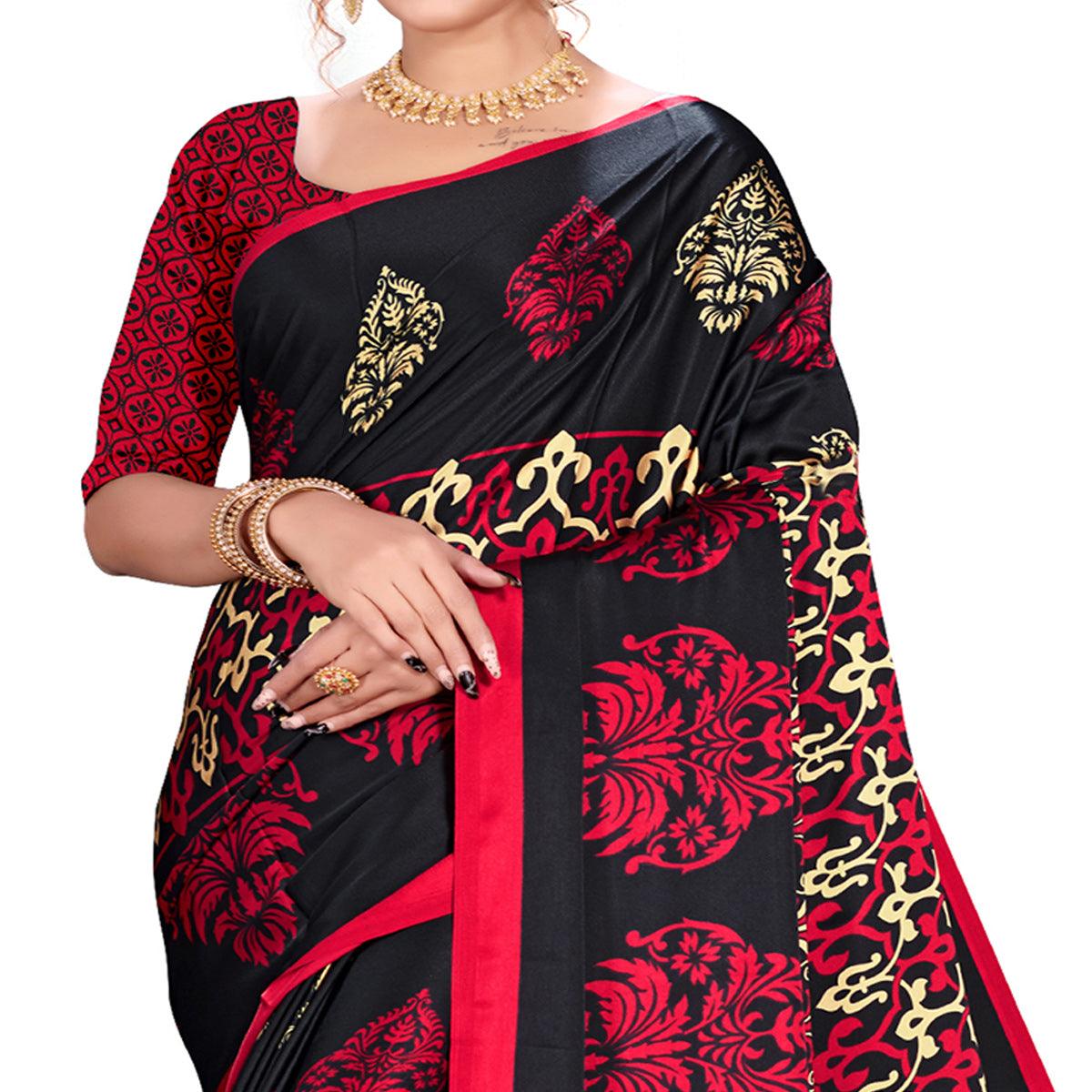 Mesmerising Black Colored Festive Wear Printed Satin Crepe Saree
