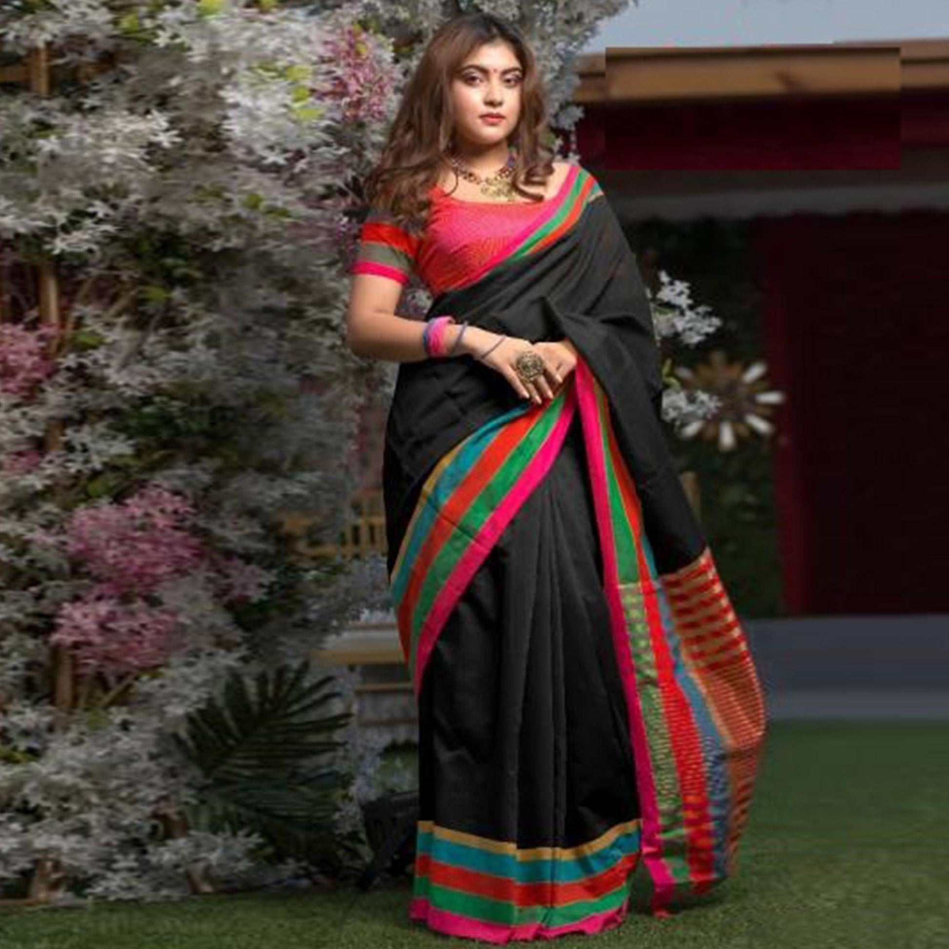 Mesmerising Black Colored Festive Wear Woven Cotton Saree