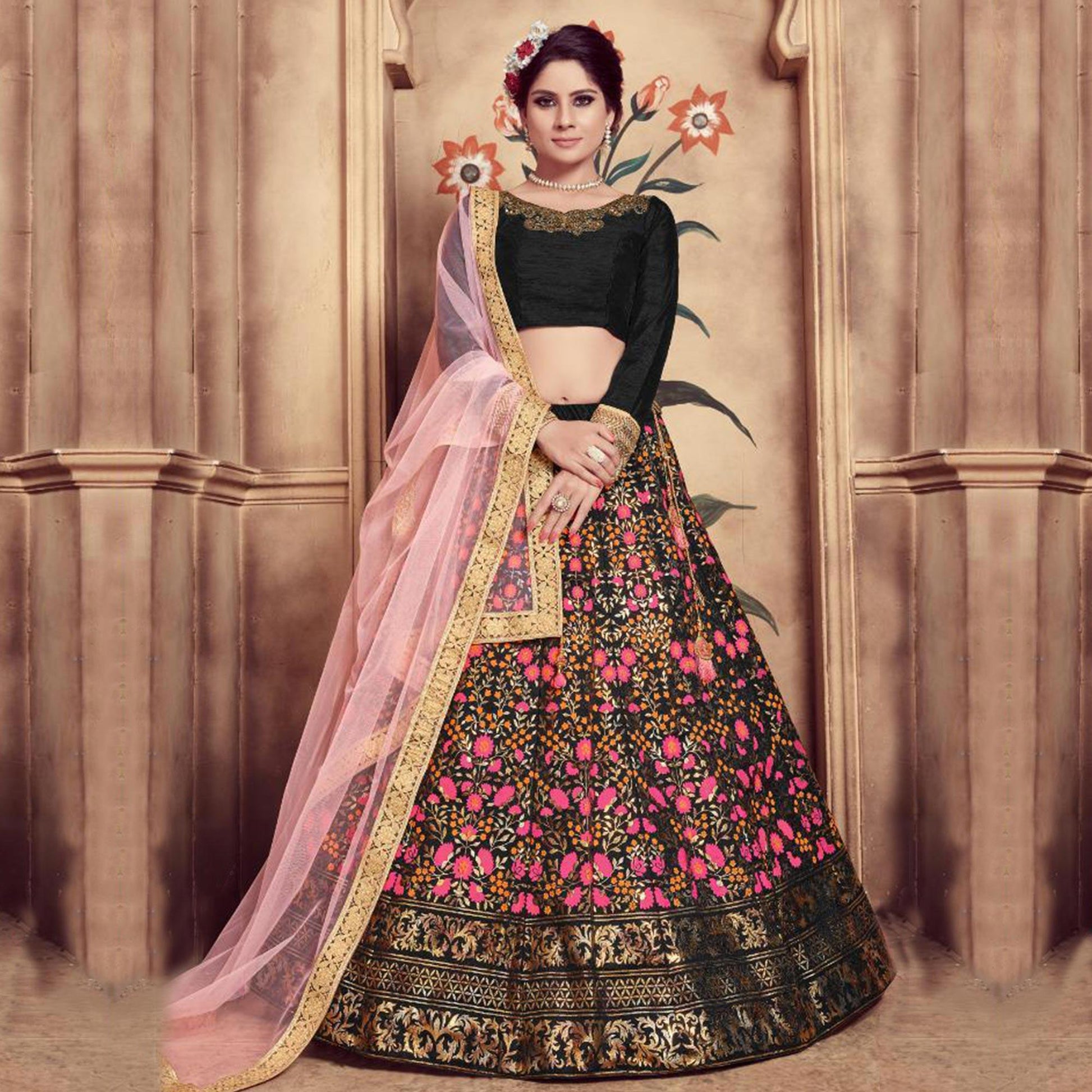 Mesmerising Black Colored Party Wear Embroidered Silk Lehenga Choli